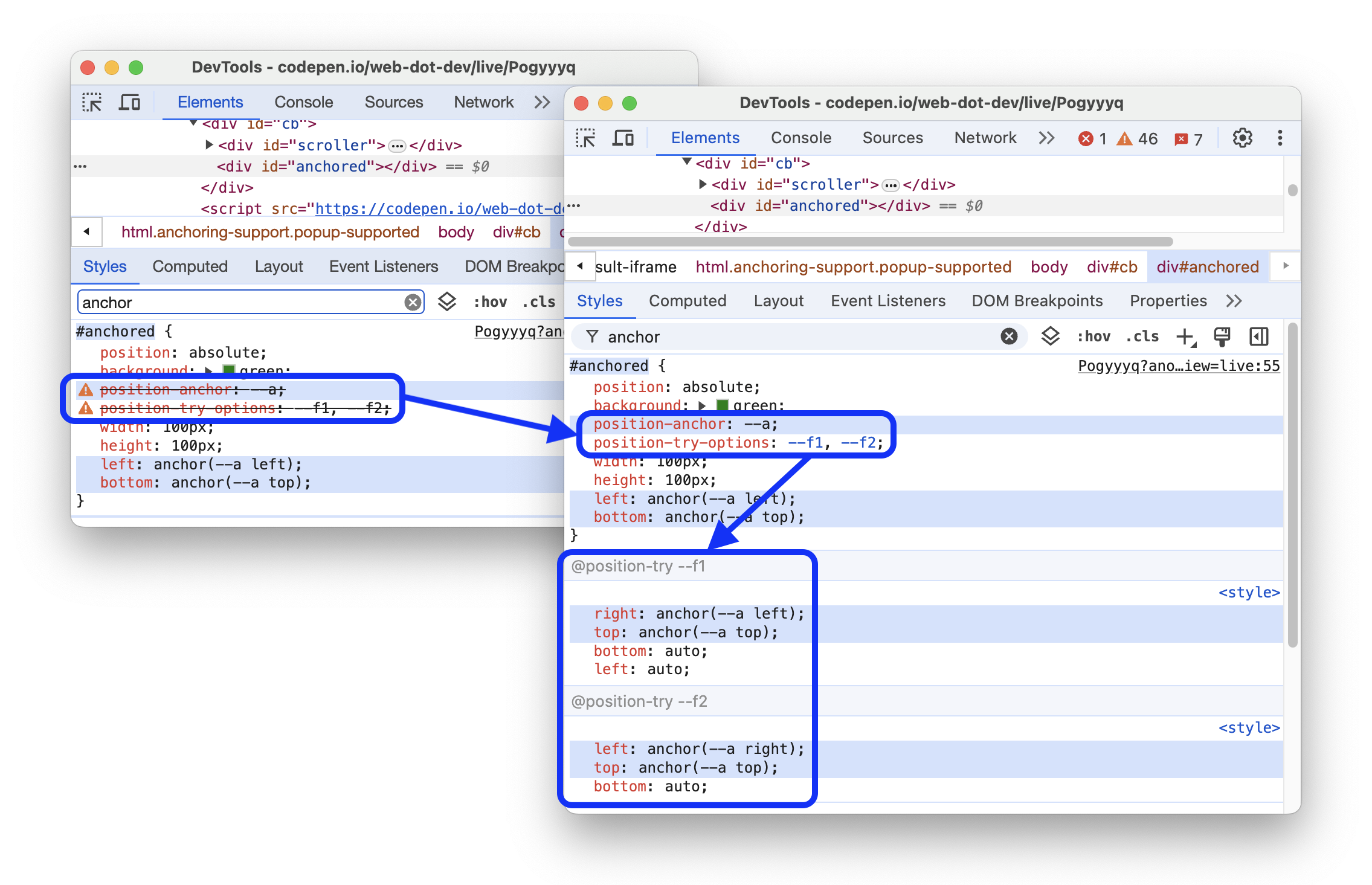 Das Vorher-Nachher-Ergebnis und die Unterstützung der CSS-Regeln „@position-try“.