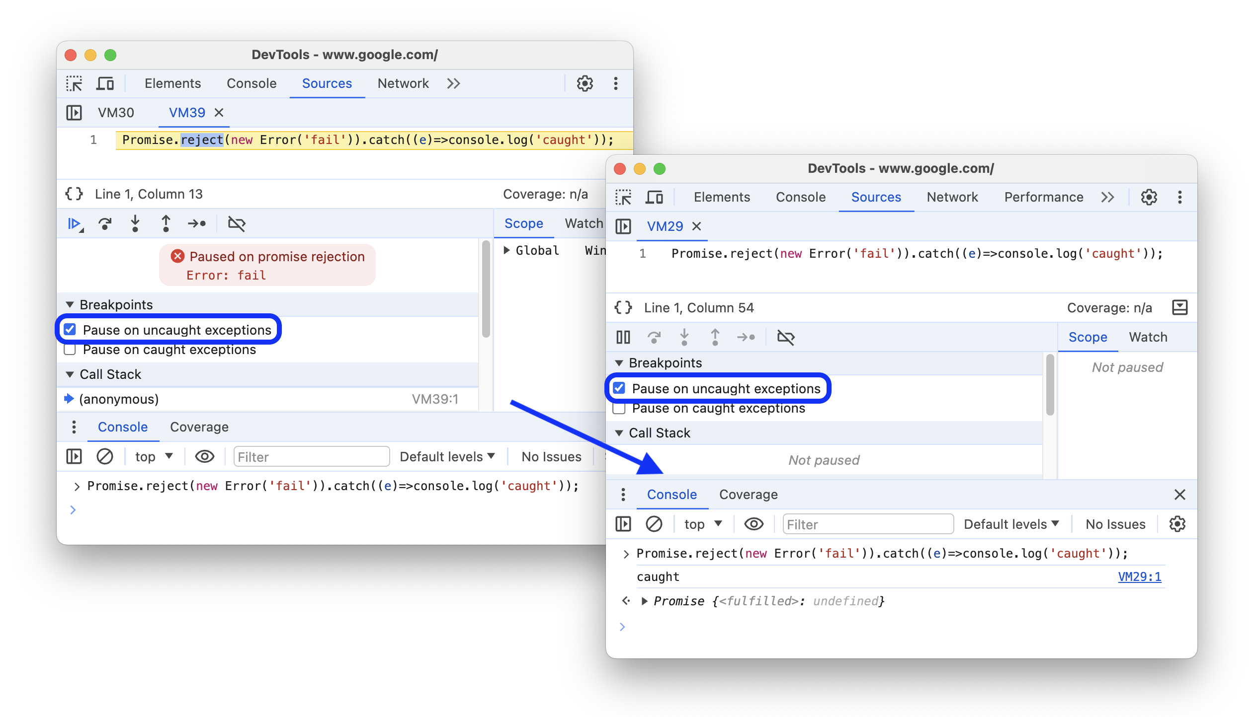 The before and after recognizing caught rejections.