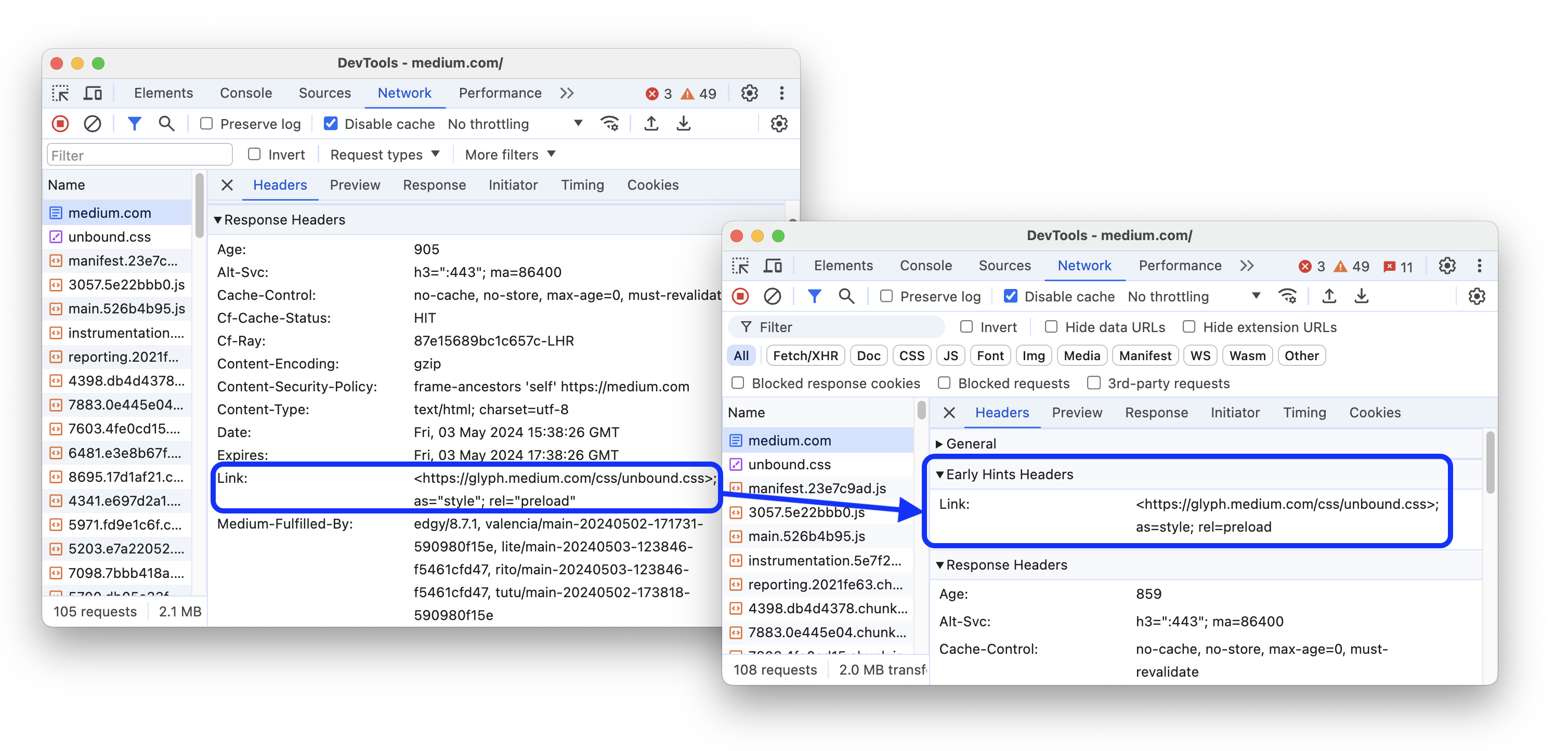 The before and after adding a dedicated section for Early Hints.