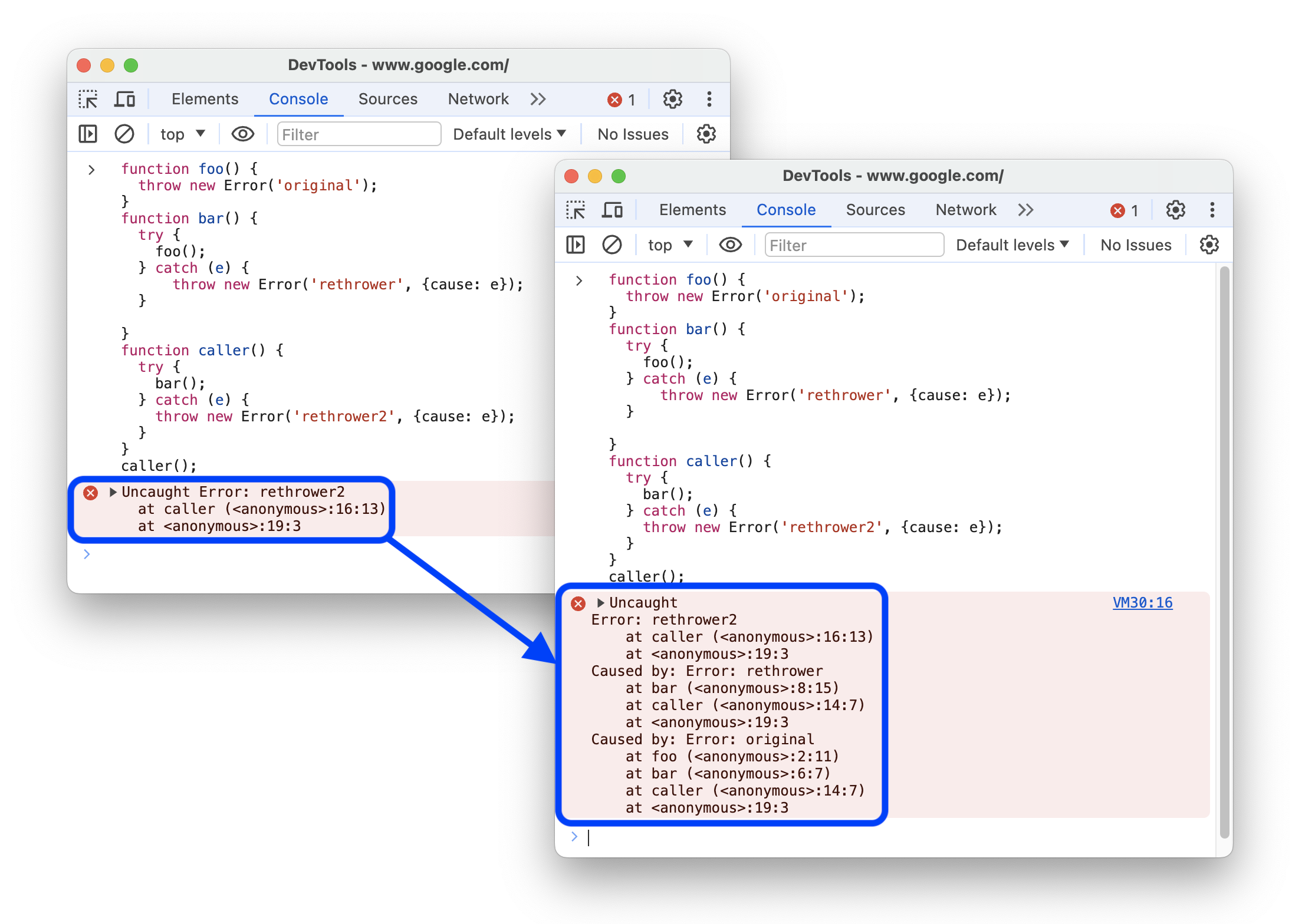 The before and after printing stack traces with `Caused by` prefixes.