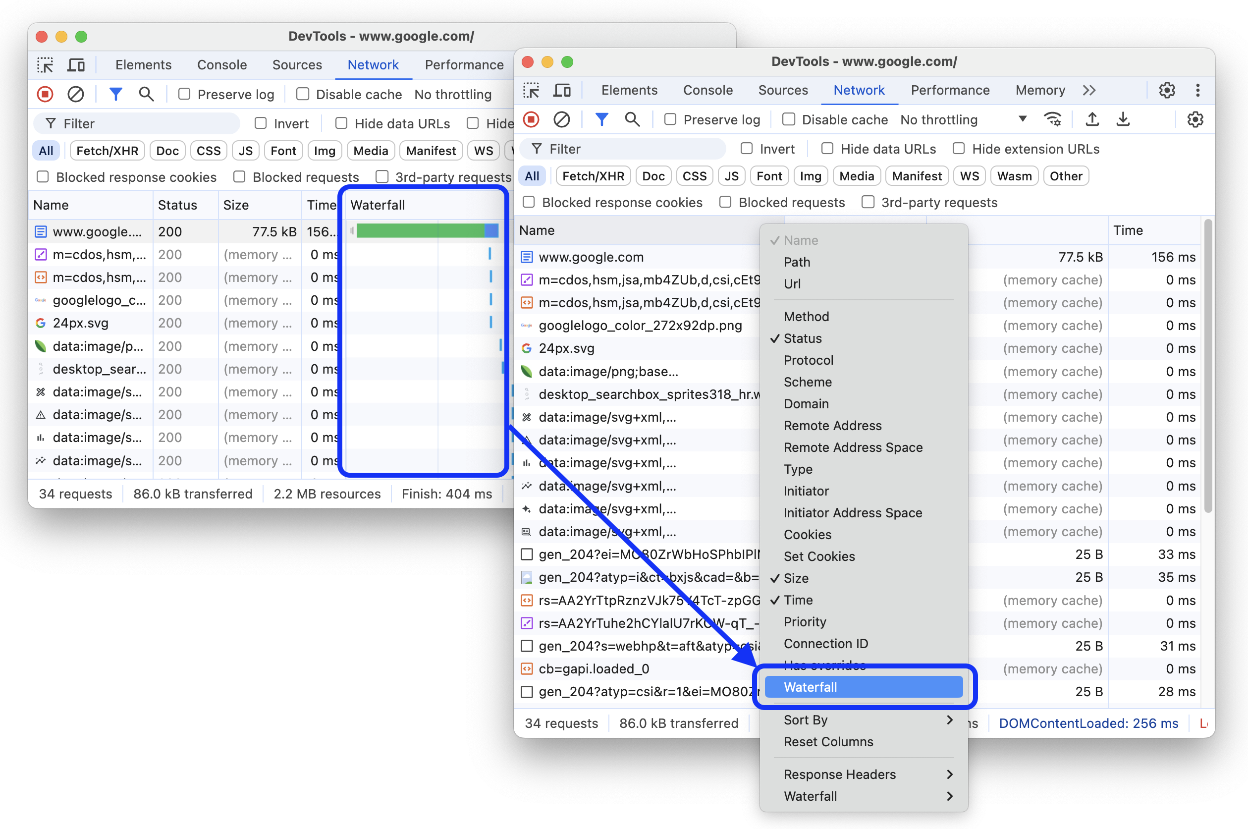 [ウォーターフォール] 列を非表示にするオプションを追加する前と後。