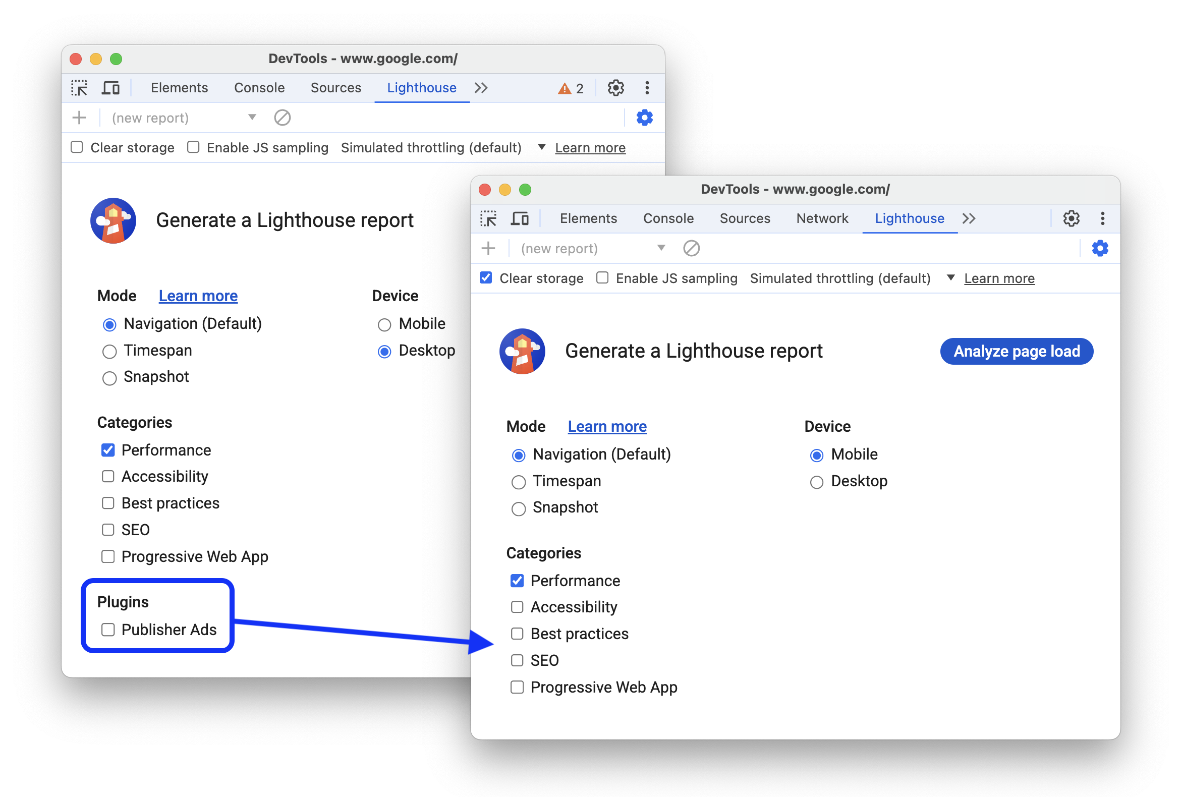 O antes e depois de adicionar a remoção do suporte ao plug-in de anúncios do editor.