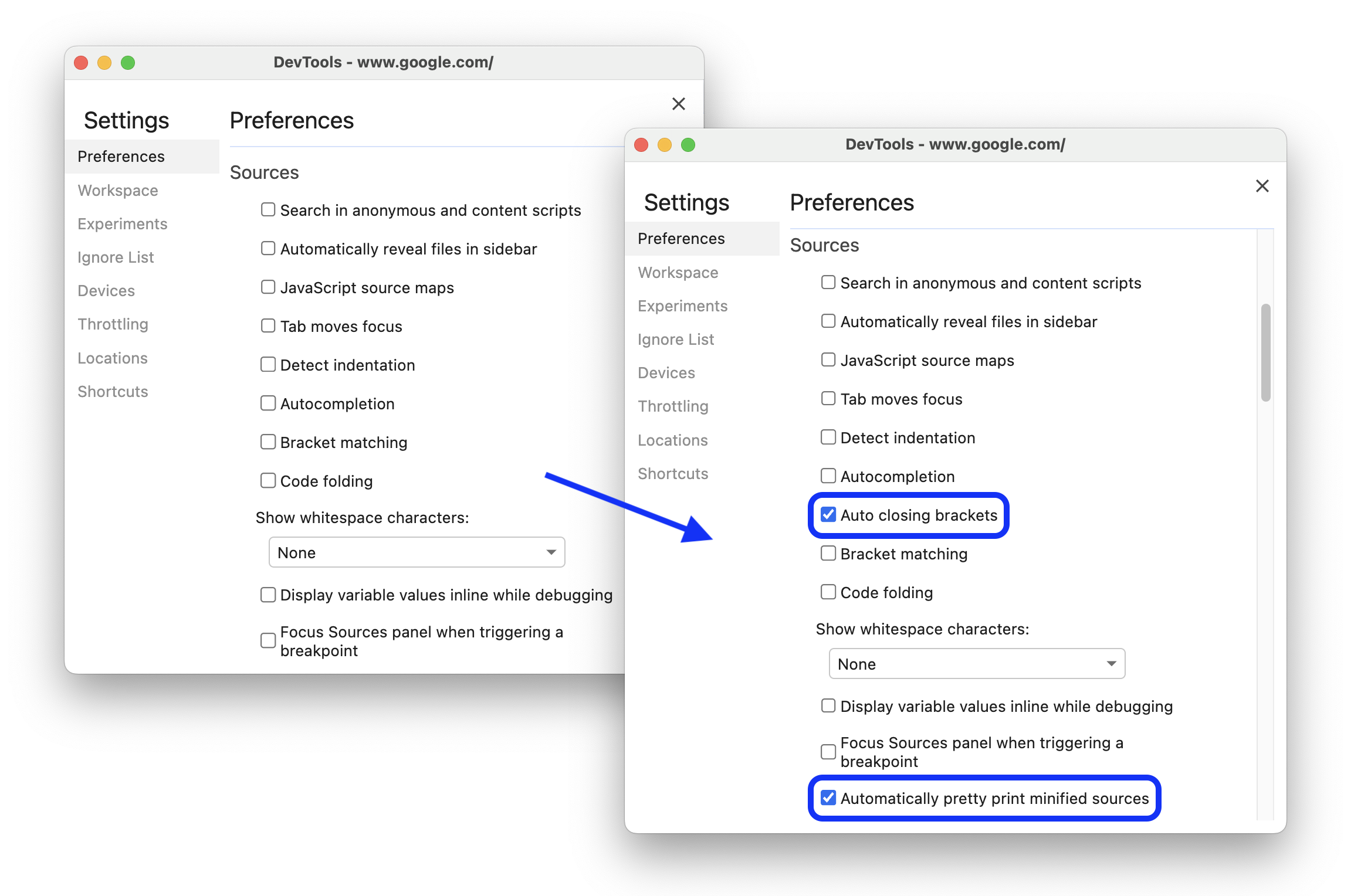 자동 pretty print 적용 및 괄호 닫기를 위한 새 설정을 추가하기 전후