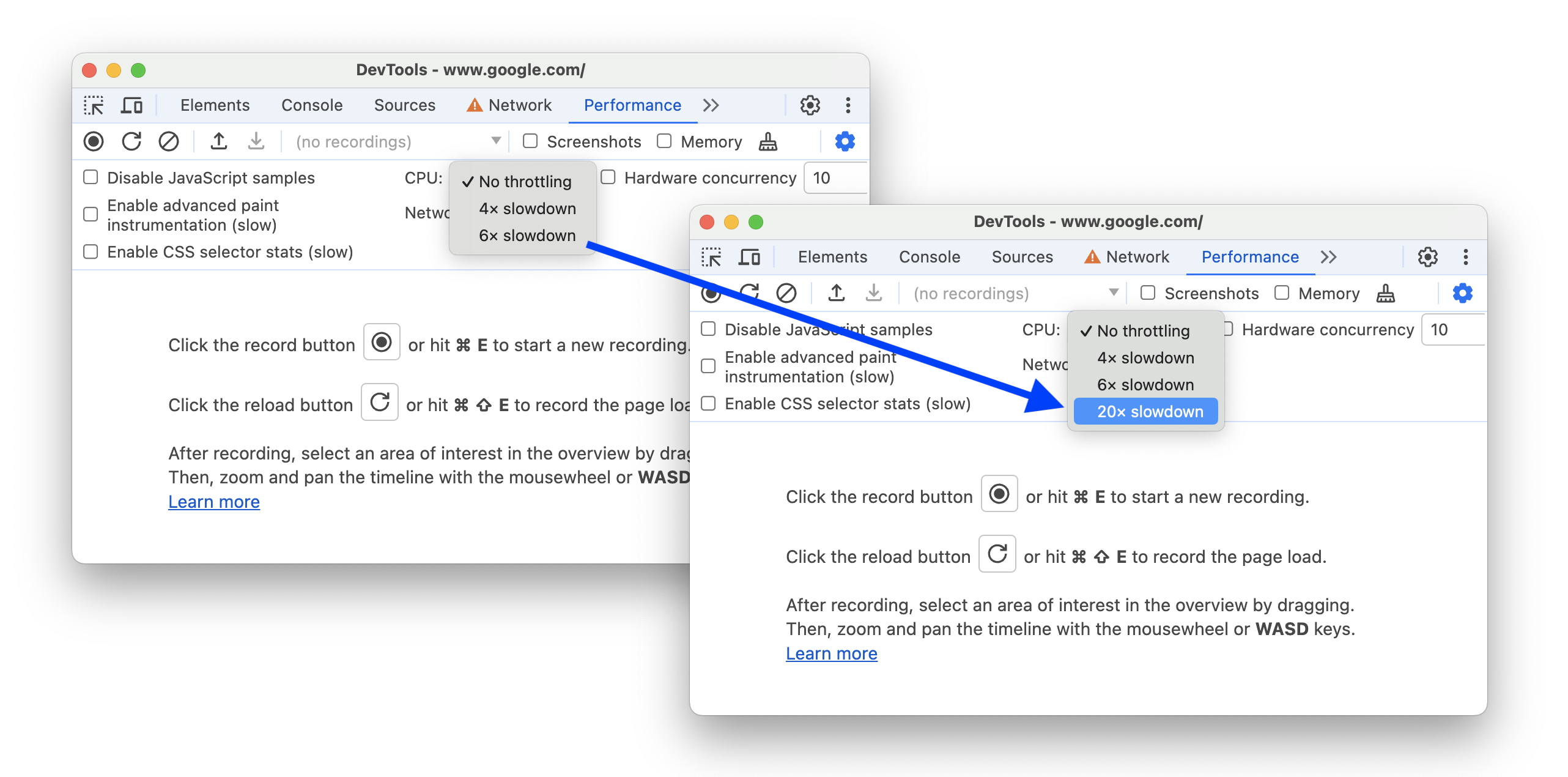 Antes e depois de adicionar a opção &quot;Redução de velocidade 20x&quot; às &quot;Configurações de captura&quot;.
