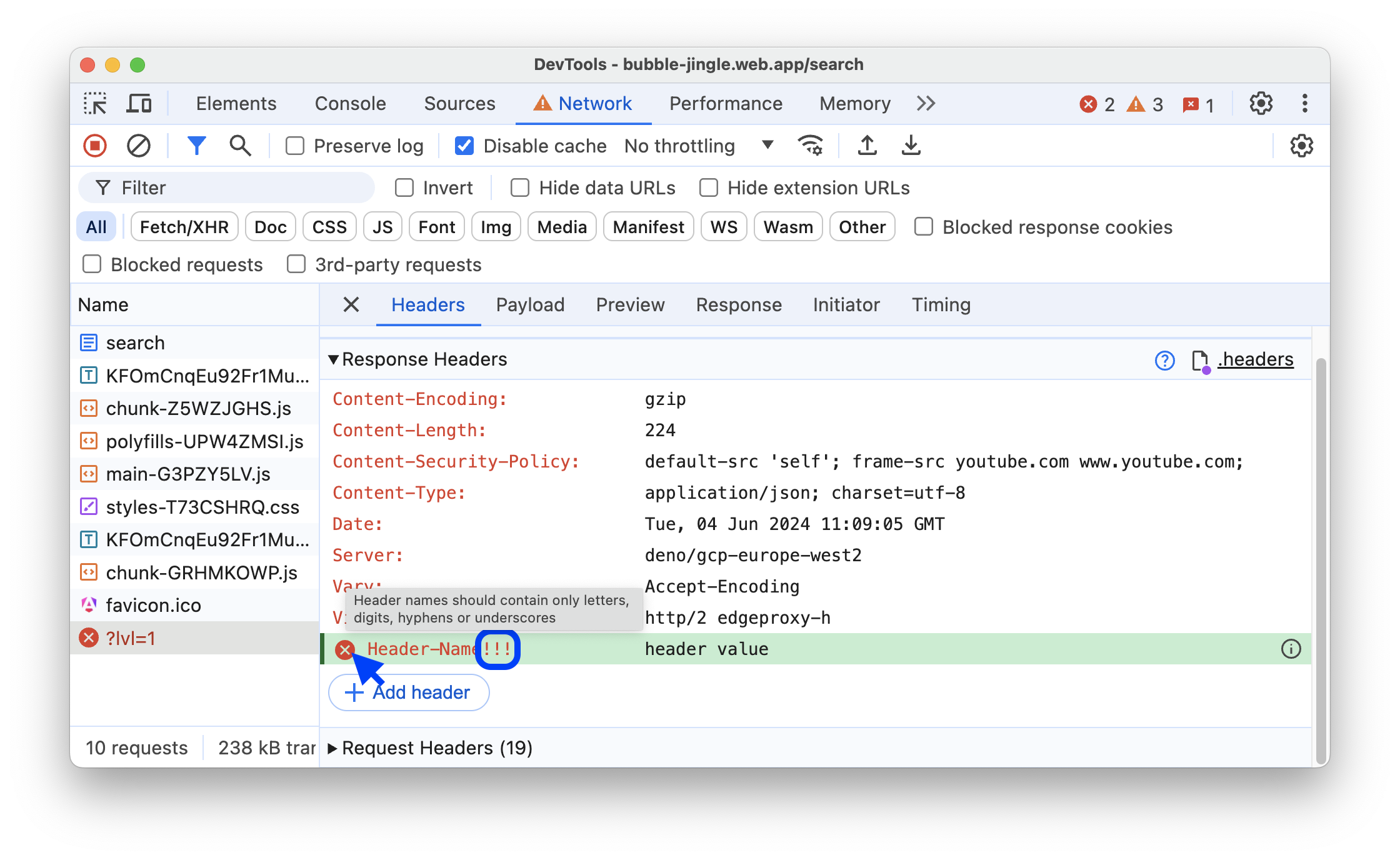L'avviso accanto al nome di un'intestazione con caratteri non supportati.