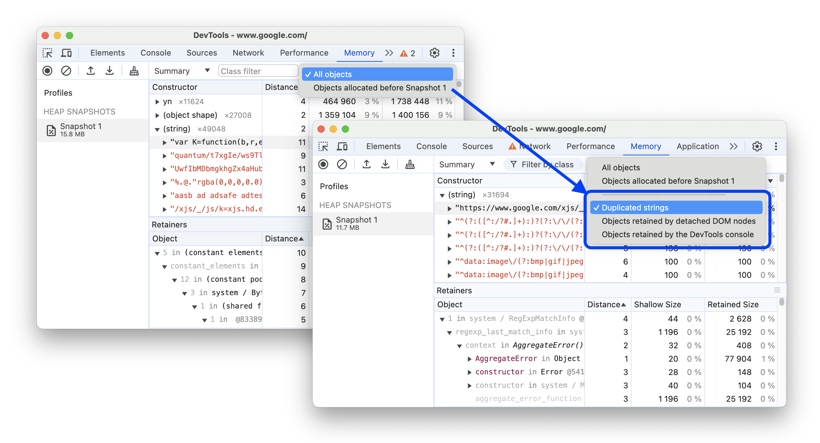 The before and after adding filter options for common cases of inefficient memory usage.