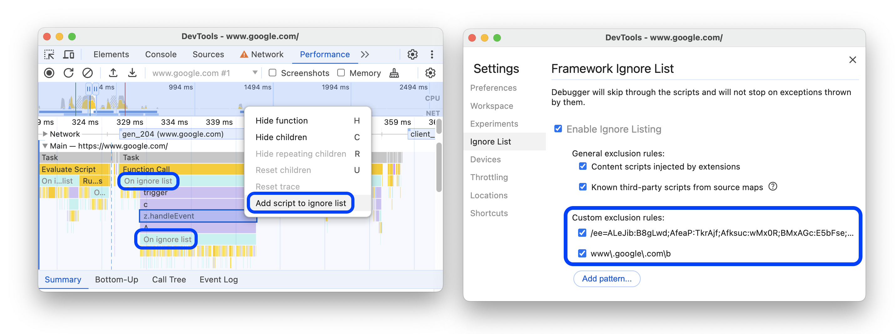 A opção de menu para adicionar o script à lista de ignorados, os scripts marcados como ignorados e as regras correspondentes em "Configurações".