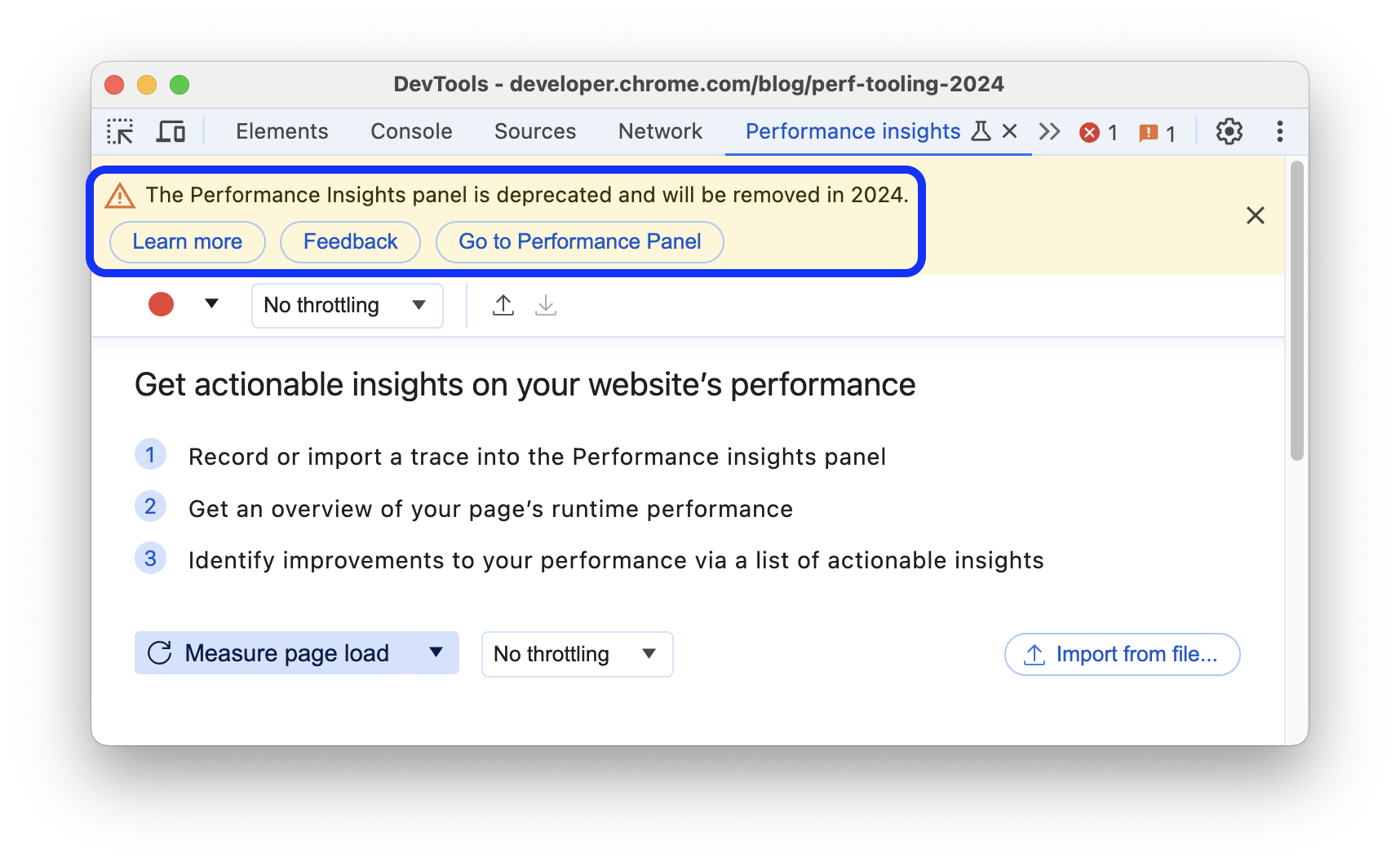Banner peringatan penghentian penggunaan di panel 'Insight performa'.