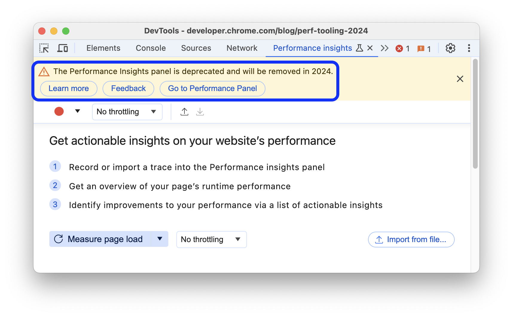 The deprecation warning banner in the 'Performance insights' panel.