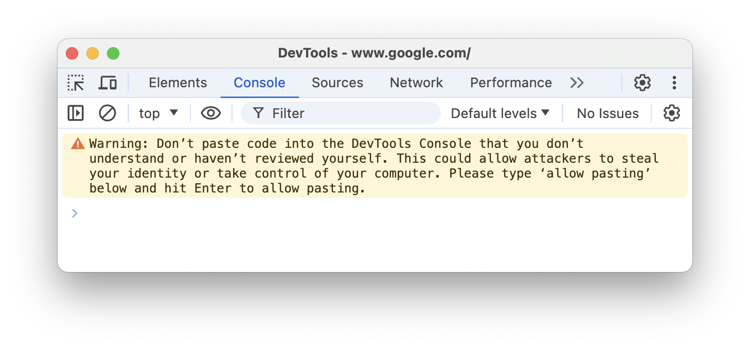 Konsol'daki self-xss uyarı iletişim kutusu.