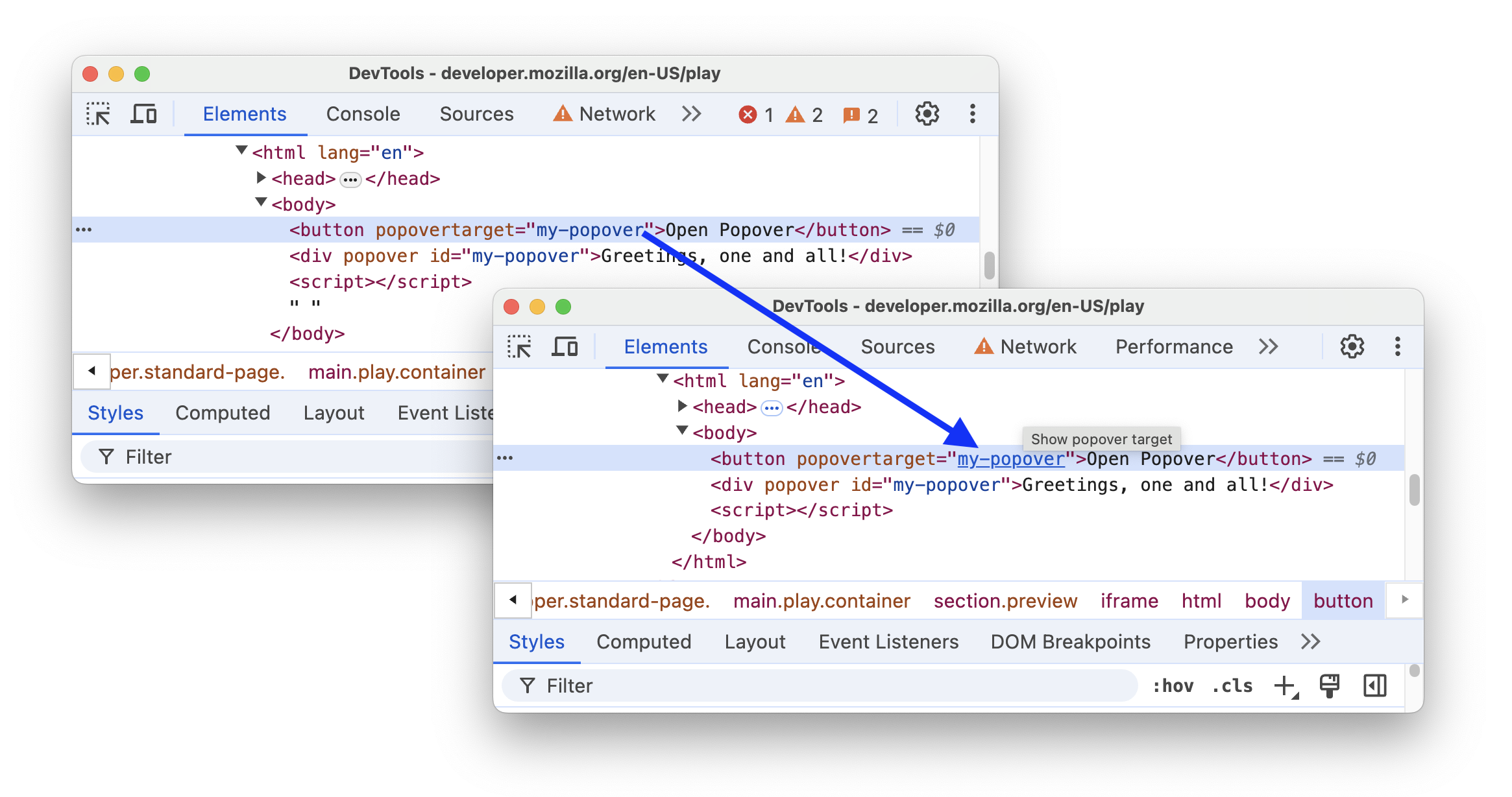 The before and after linking popovertarget to its popover element.