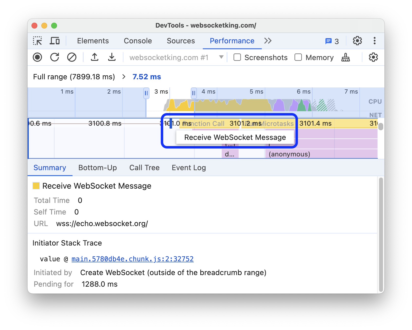 성능 트레이스에서 캡처된 'WebSocket 메시지 수신' 이벤트