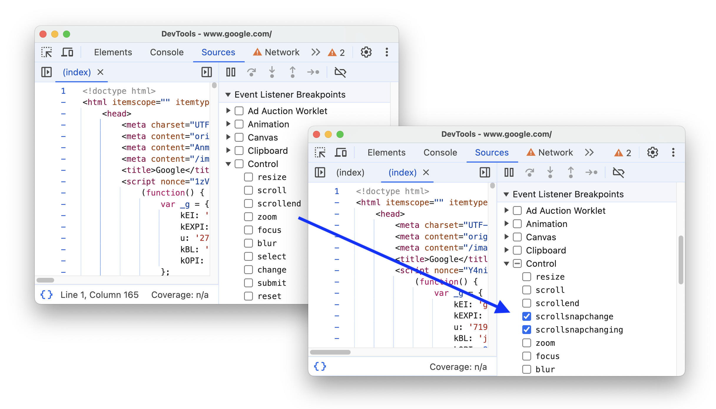 قبل إضافة أدوات معالجة الأحداث ذات الصلة بميزة scroll-snap وبعدها