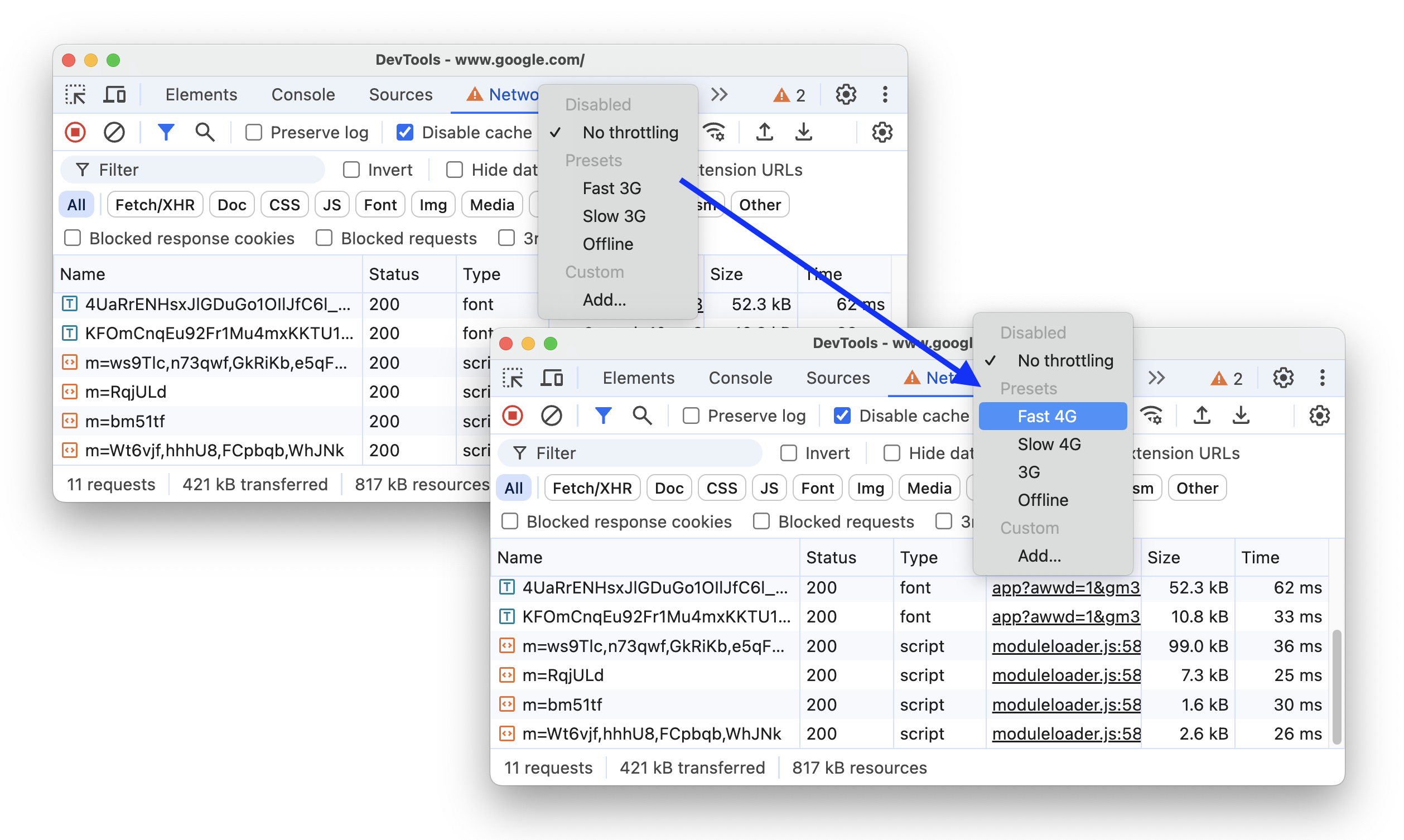 ネットワーク スロットリングのプリセットの更新前と更新後。