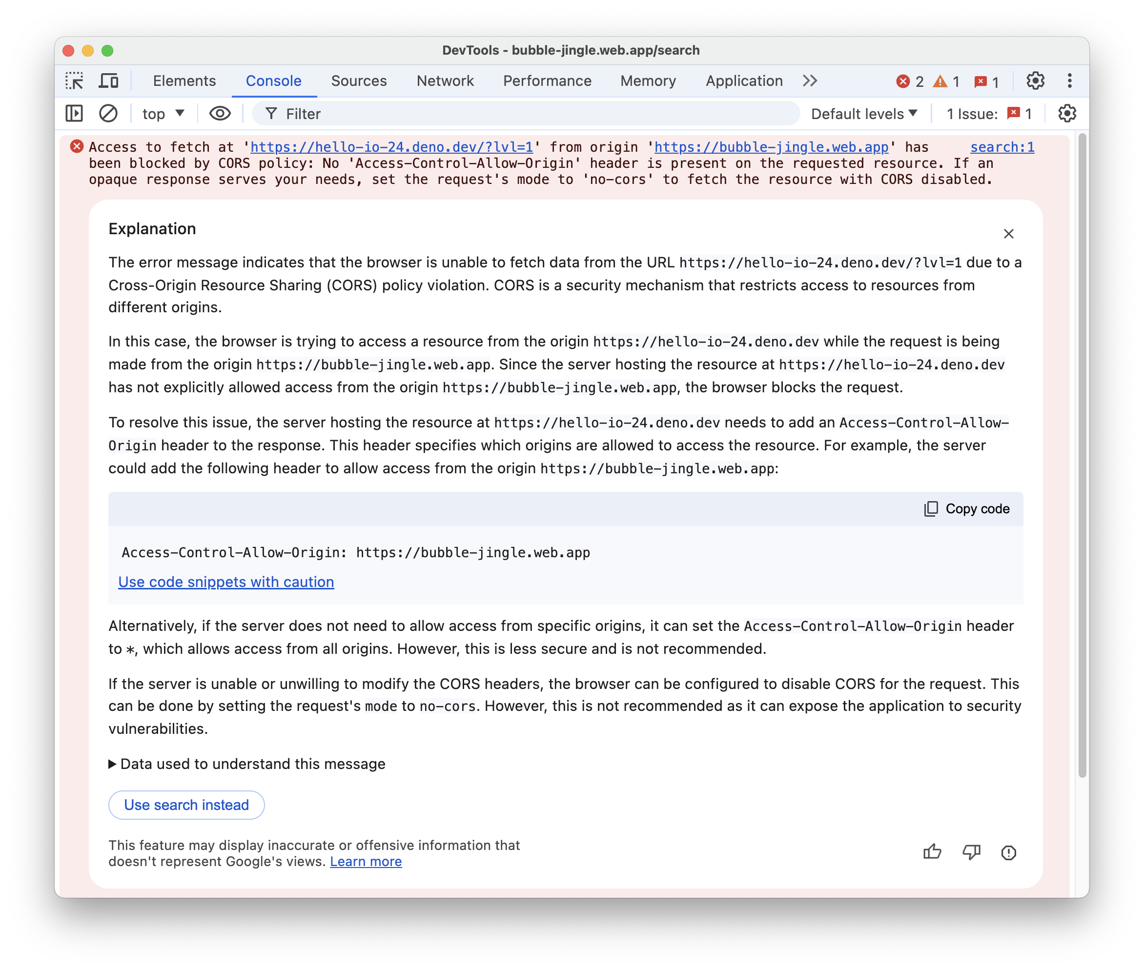 Thông tin chi tiết do Gemini tạo về một lỗi trong Bảng điều khiển.