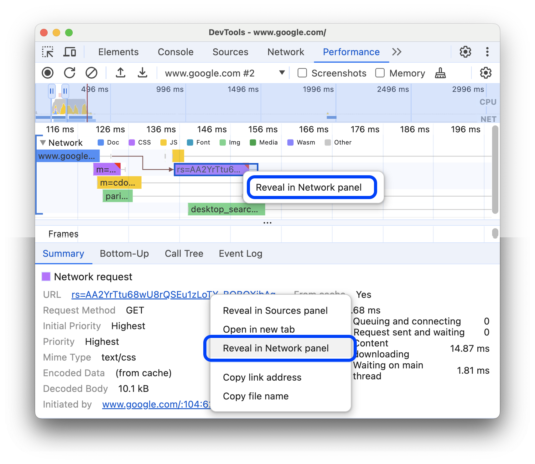 [[ネットワーク] パネルで表示] を含むリクエストの右クリック メニュー選択します。