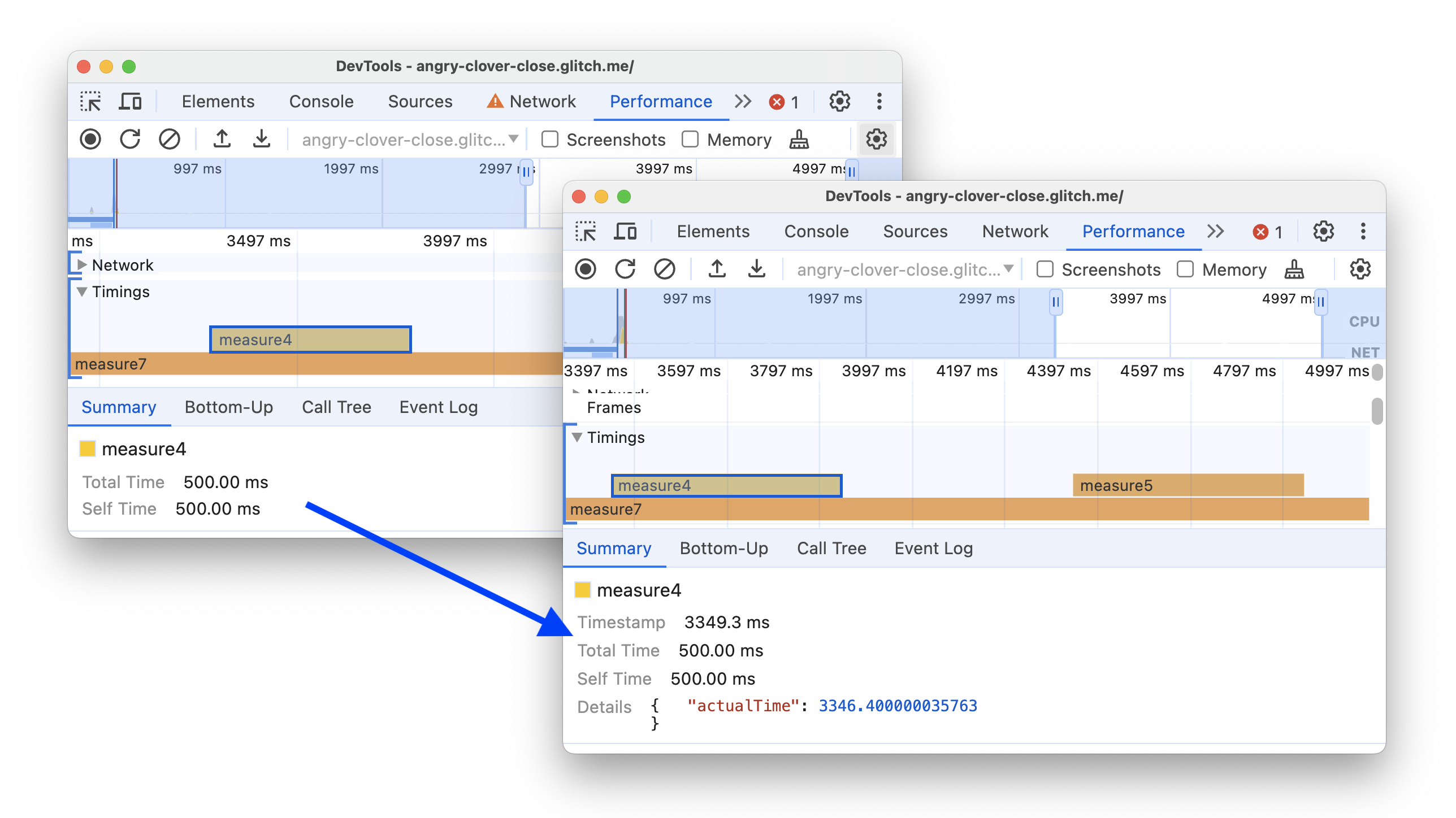 Événement personnalisé dans la piste &quot;Timings&quot; avec un code temporel et des détails.