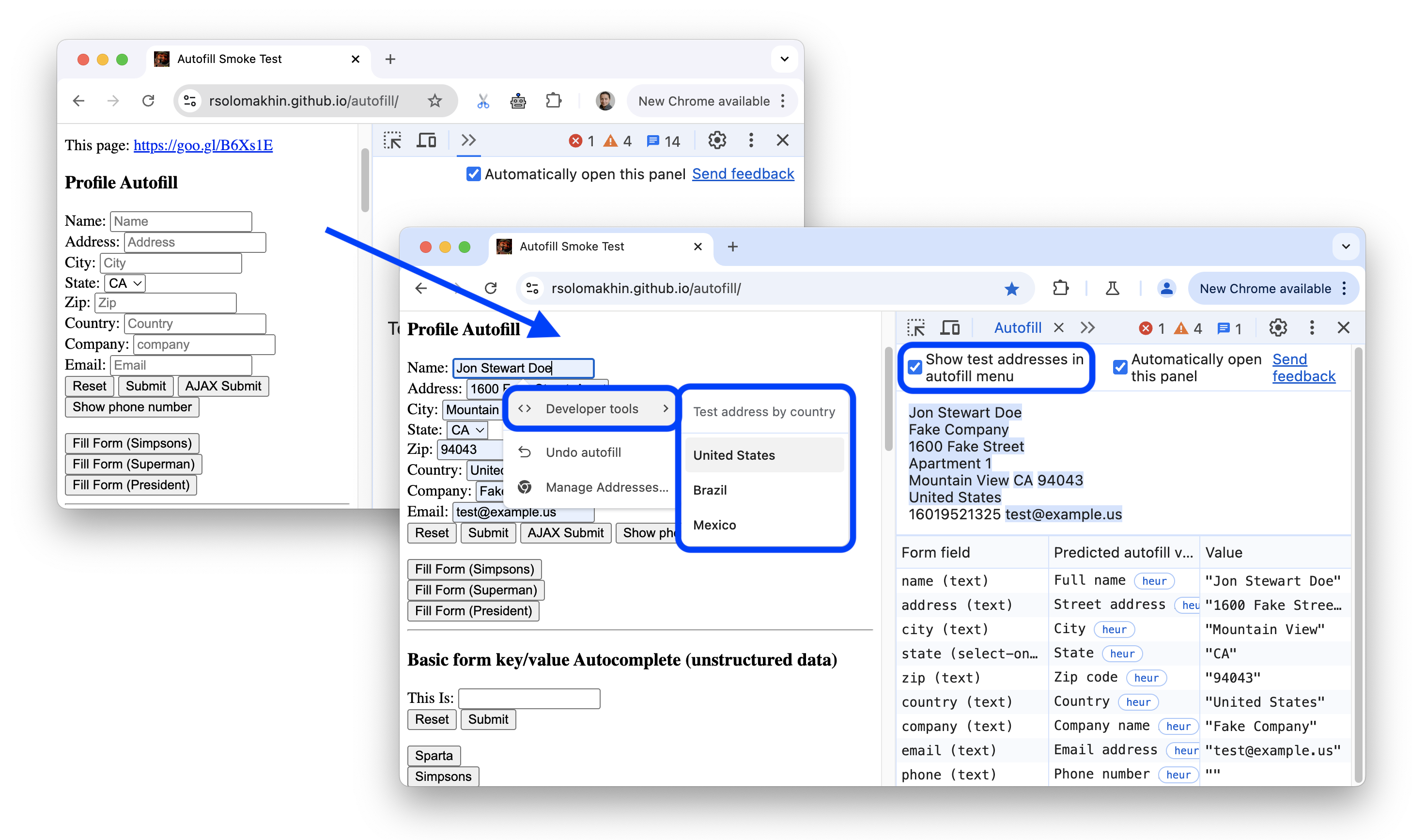 Antes y después de agregar opciones de datos de prueba de Autocompletar al menú desplegable de un campo de formulario de dirección.