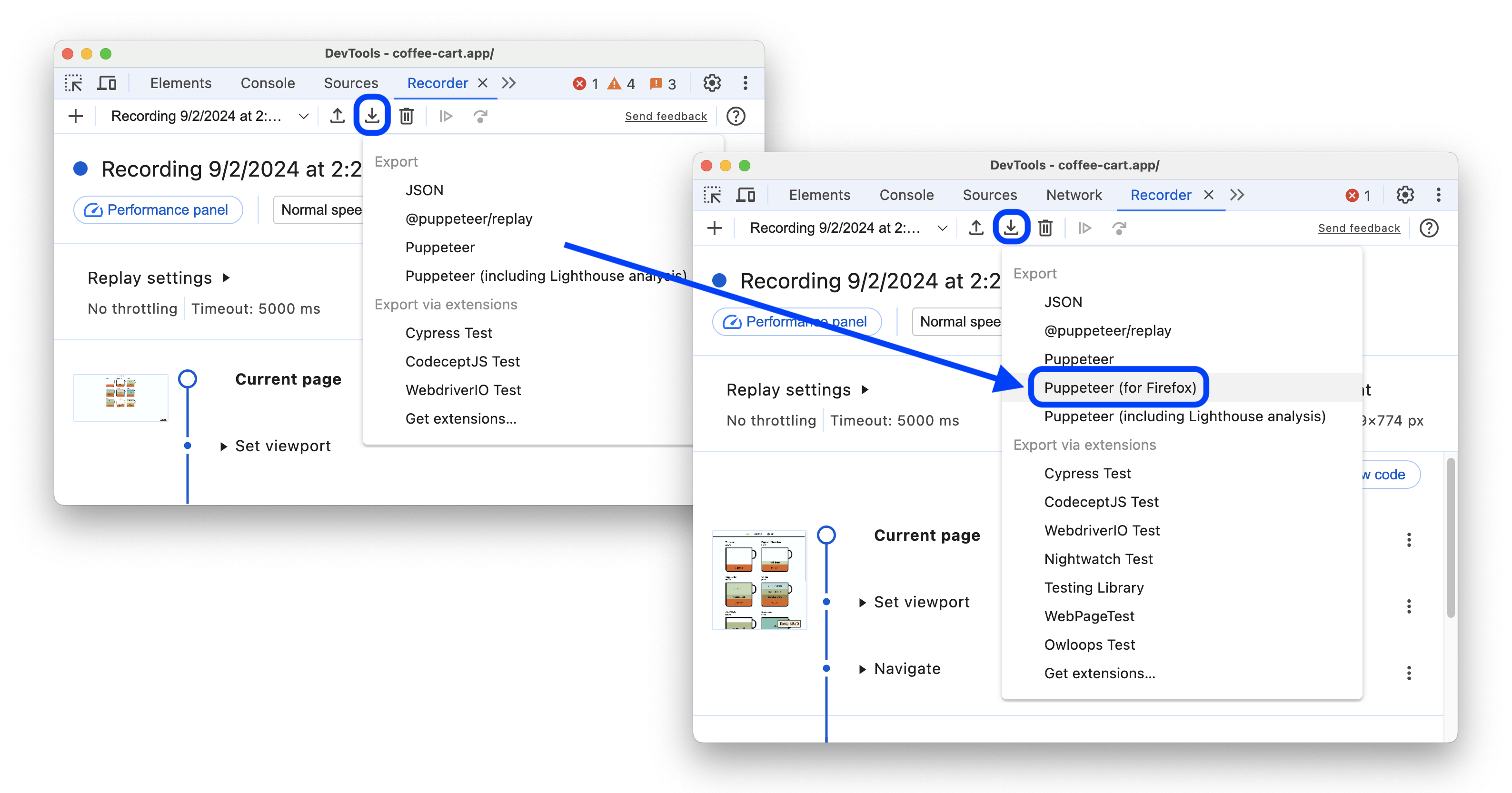 O antes e depois de adicionar a opção &quot;Puppeteer para Firefox&quot; ao menu de exportação do Gravador.