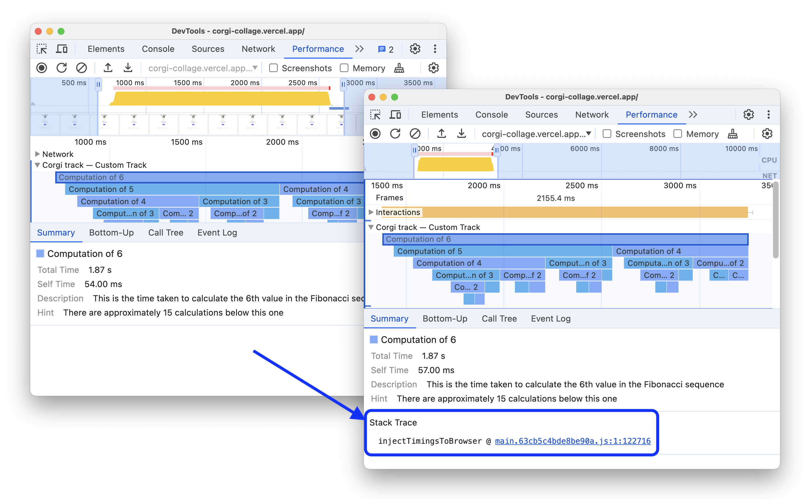 Die Vorher-Nachher-Anzeige zeigt Stack-Traces für „performance.mark“- und „performance.measure“-Aufrufe.