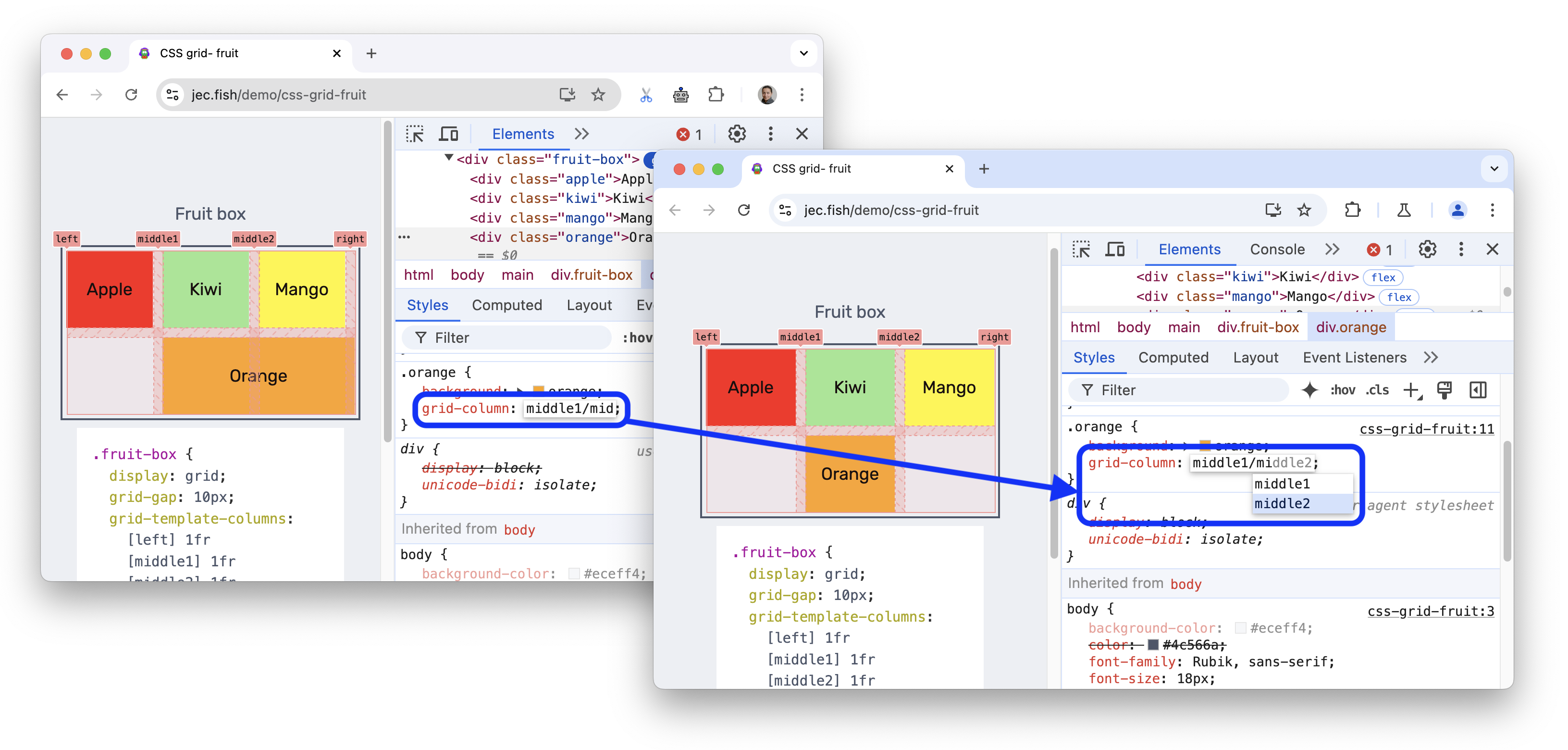 تظهر خيارات الإكمال التلقائي قبل وبعد إضافتها عند تعديل أسماء خطوط الشبكة.