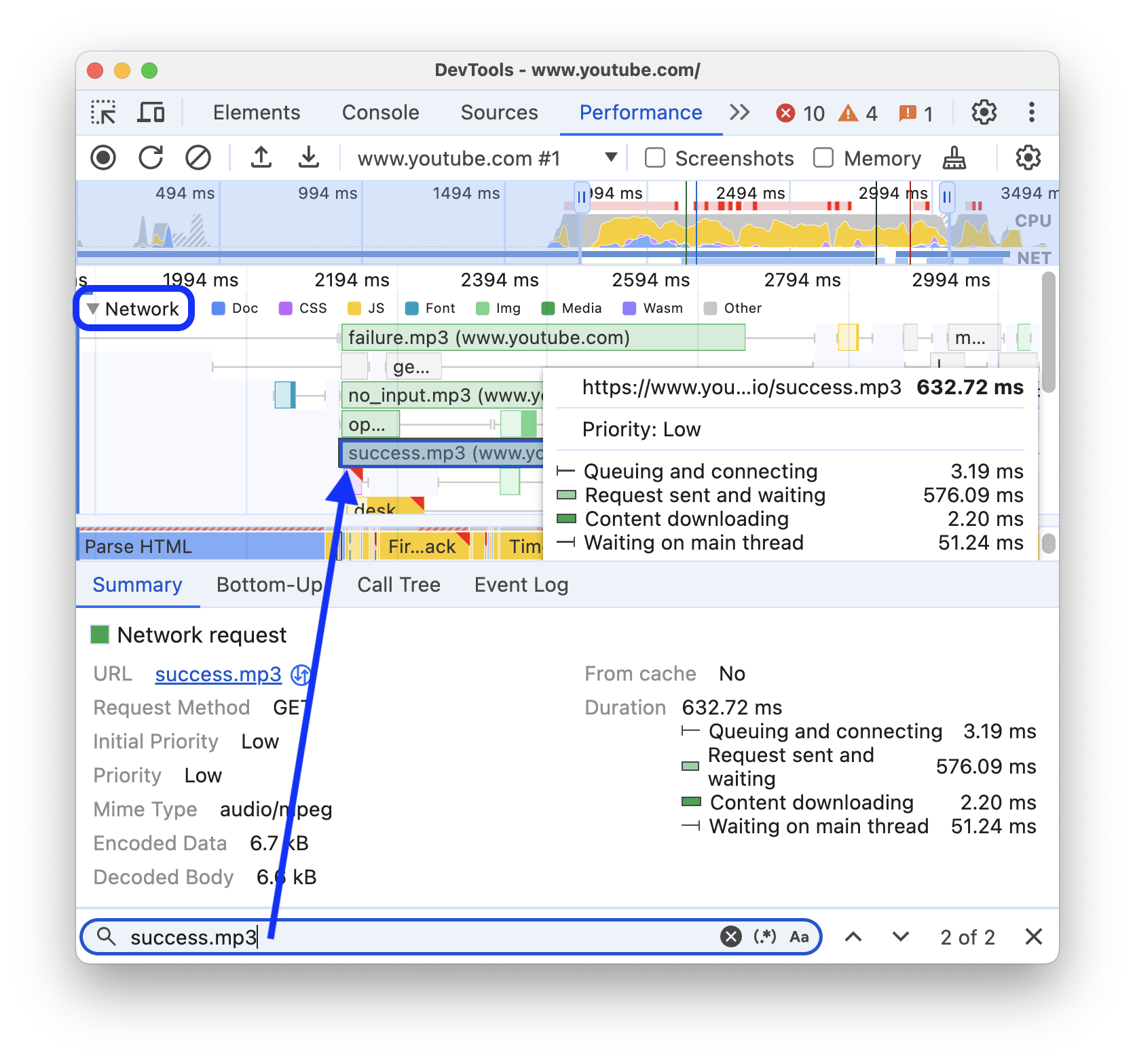 Requête réseau trouvée avec la recherche.