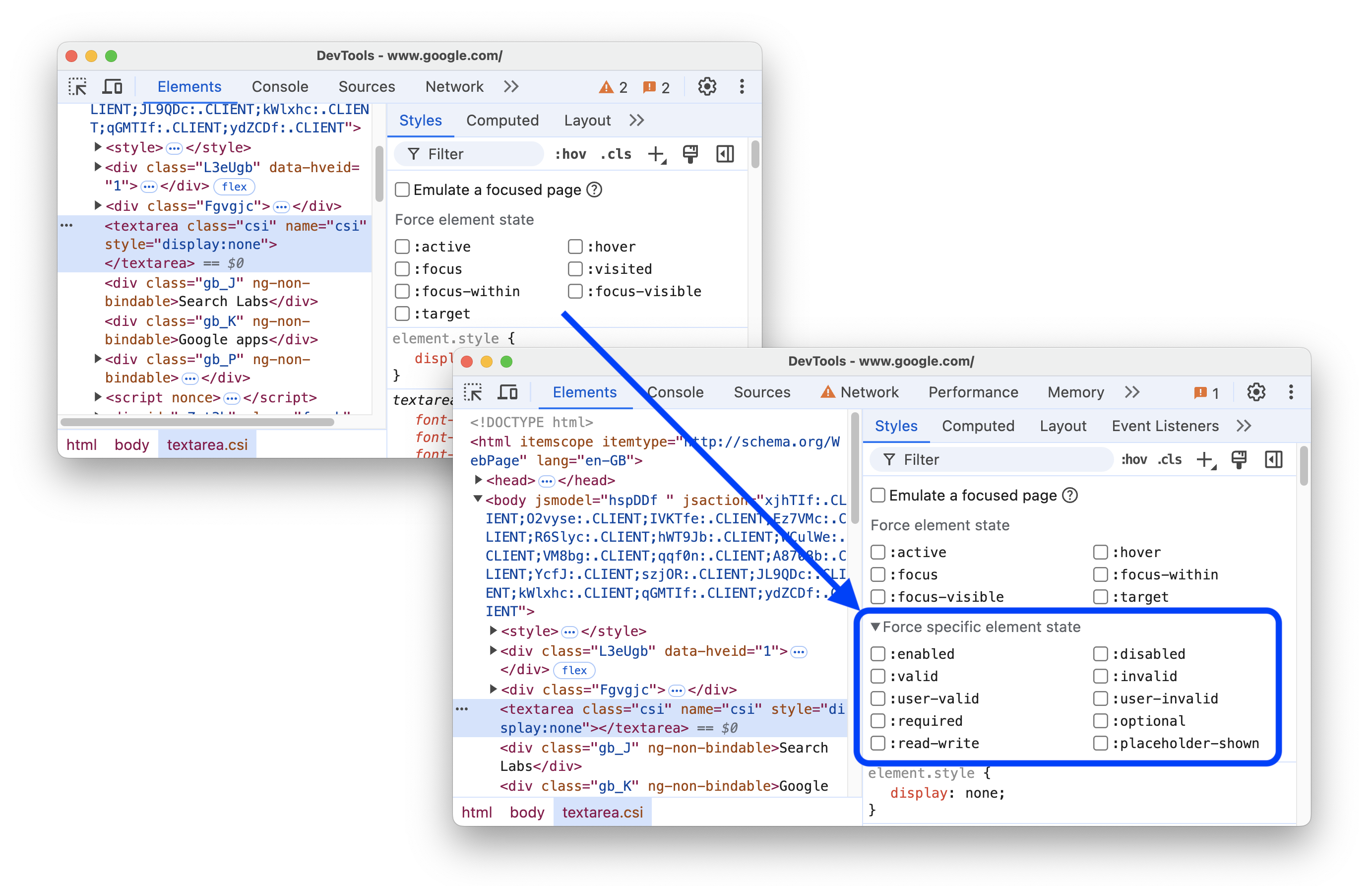 ก่อนและหลังการเพิ่มความสามารถในการบังคับใช้สถานะเฉพาะขององค์ประกอบ