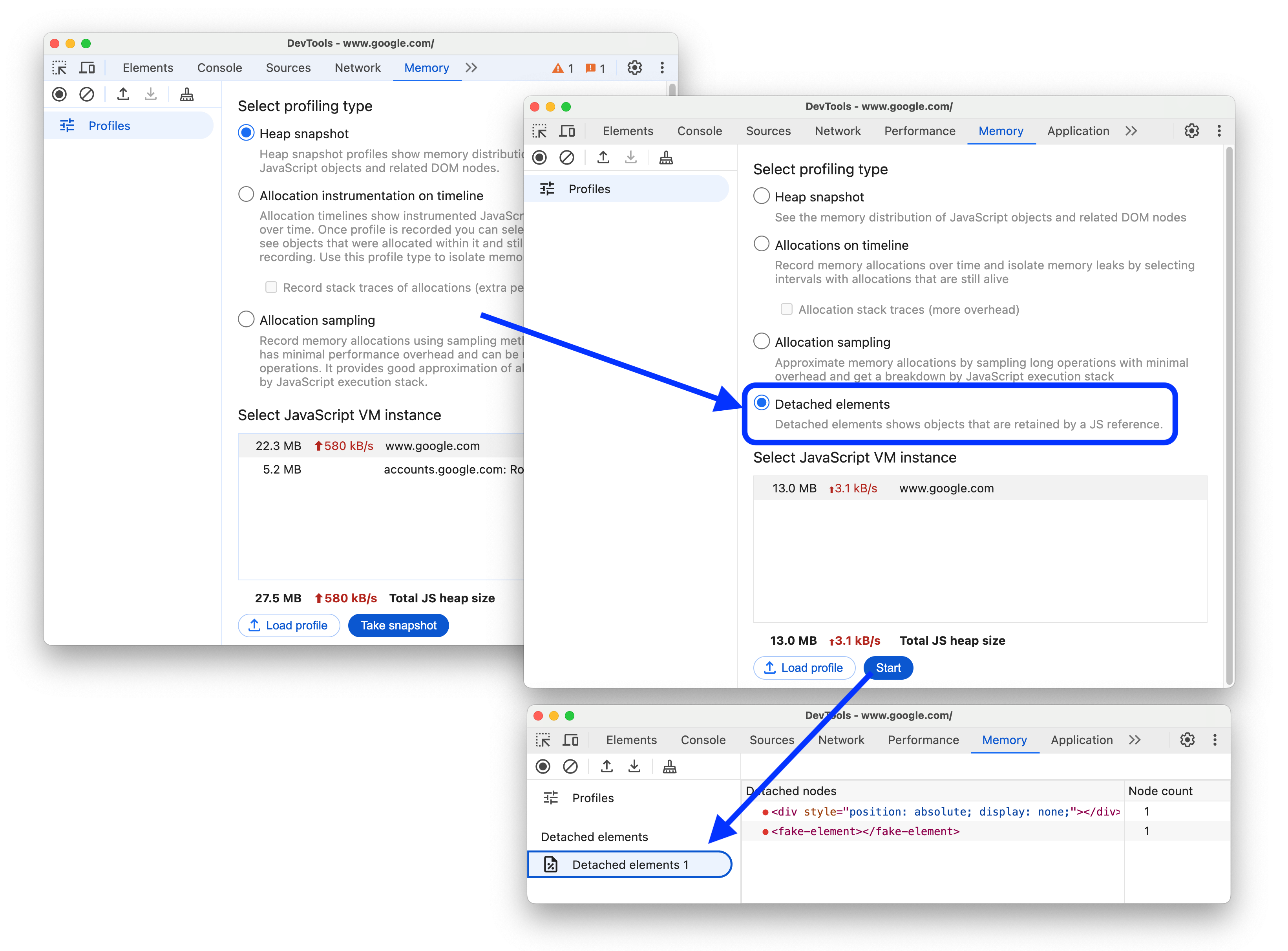 '분리된 요소' 프로필 유형을 메모리 패널에 추가하기 전과 후