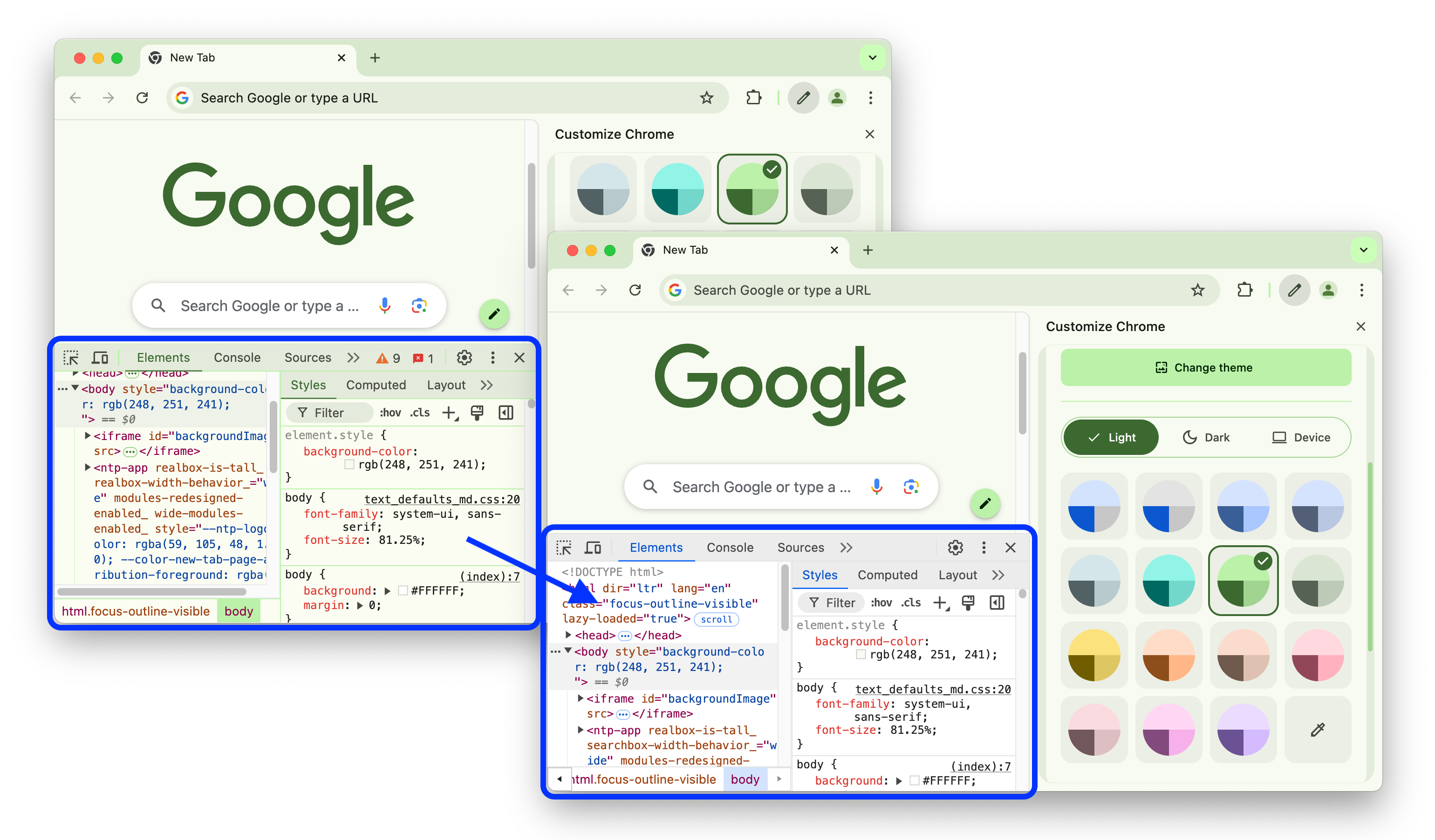 Przed i po wyłączeniu dynamicznego motywu.