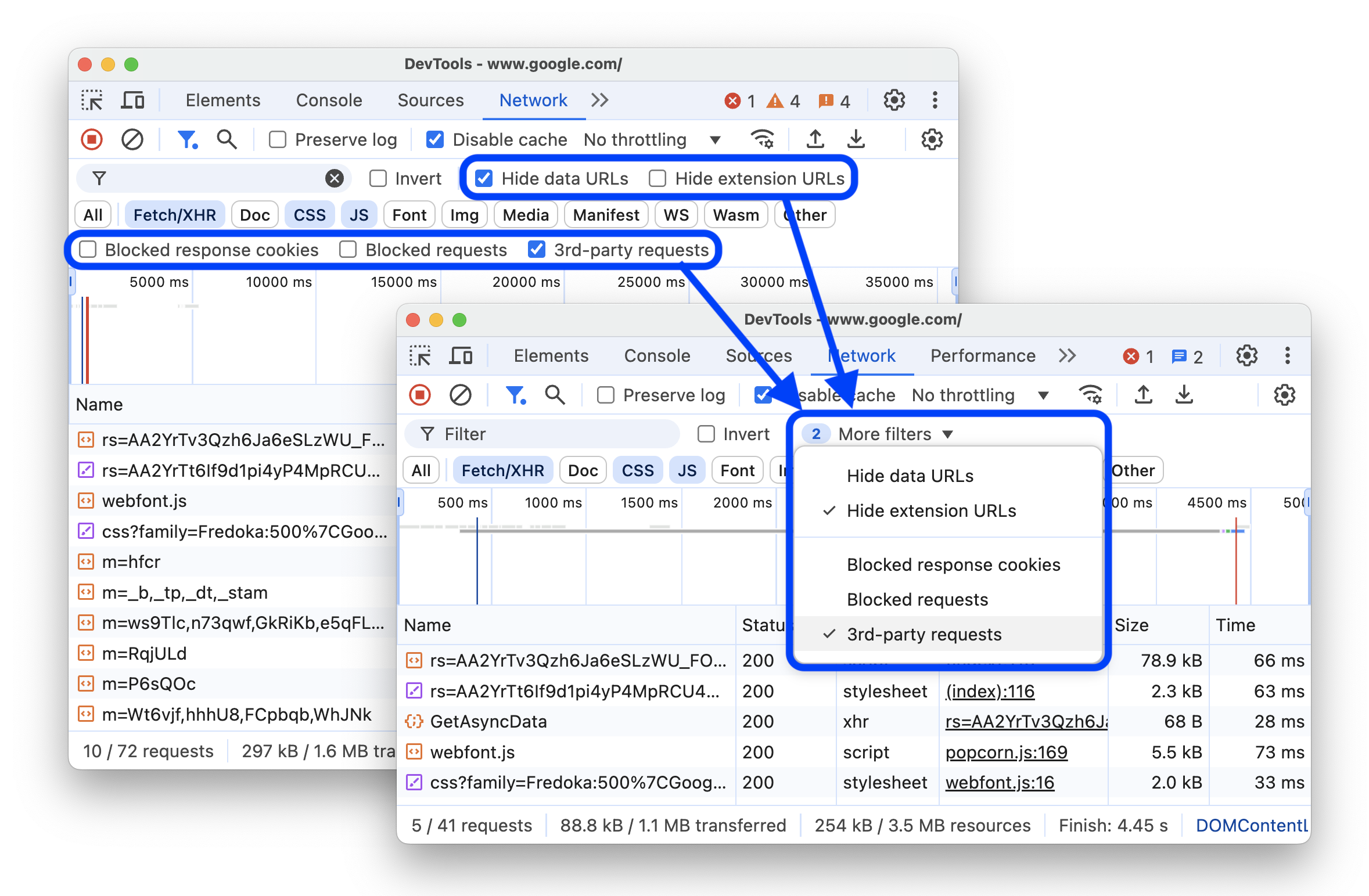 Sebelum dan setelah memindahkan filter terkait sembunyikan, blokir, dan pihak ketiga ke dalam drop-down.