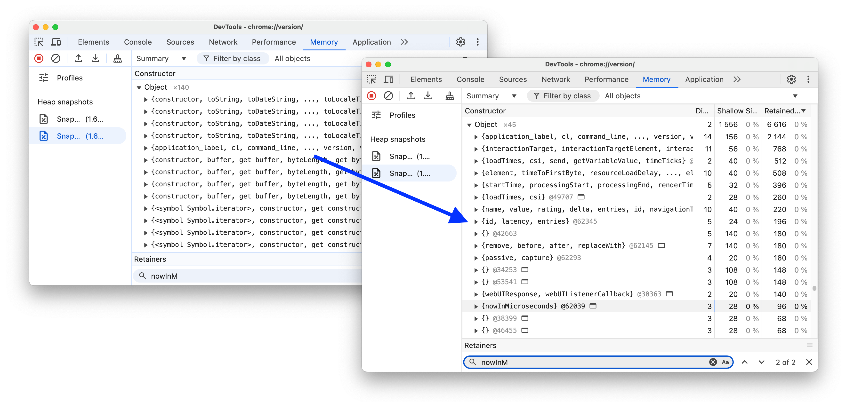 Antes e depois de organizar a categoria Objeto em snapshots de heap.