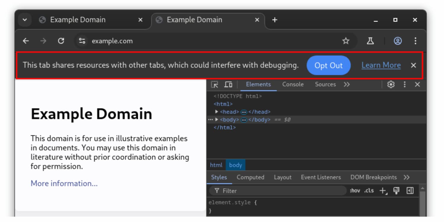 The 'This tab shares resources with other tabs...' infobar.