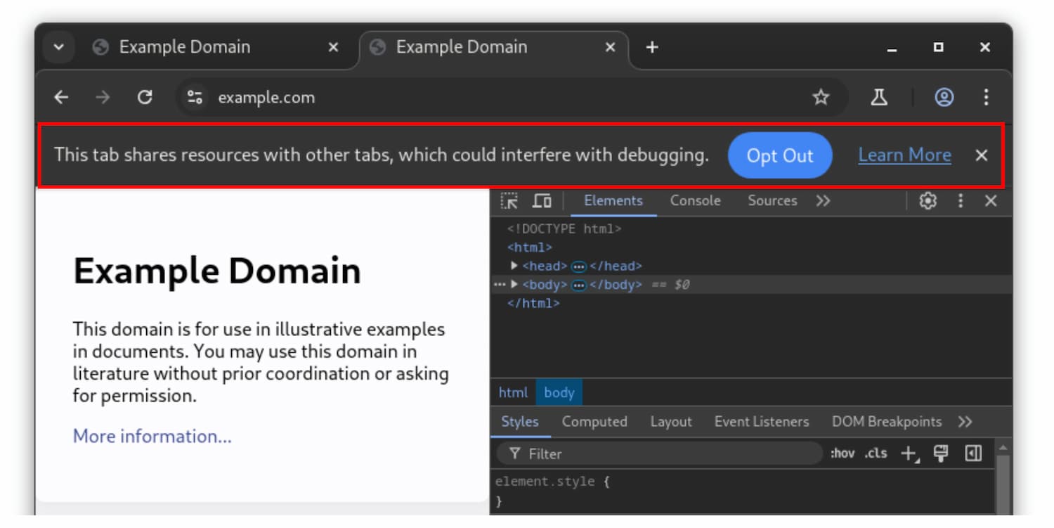 '이 탭은 다른 탭과 리소스를 공유하므로...' 정보 표시줄