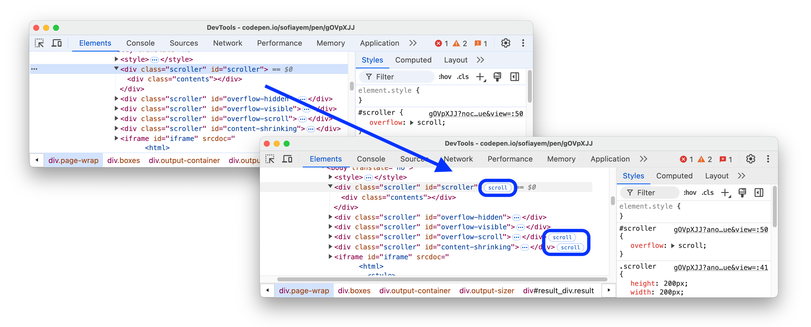 Vor und nach dem Markieren von Scroll-Overflows mit einem Symbol