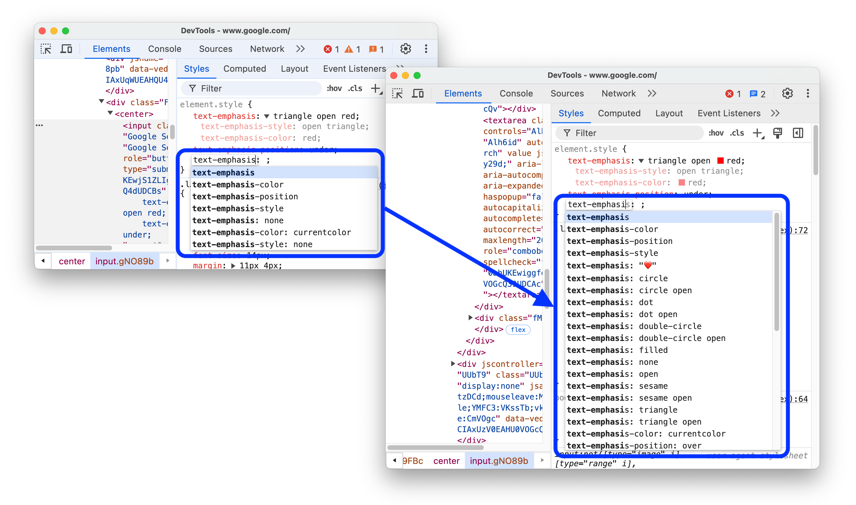 Antes e depois de adicionar a opção de preenchimento automático para as propriedades &quot;text-emphasis-*&quot;.