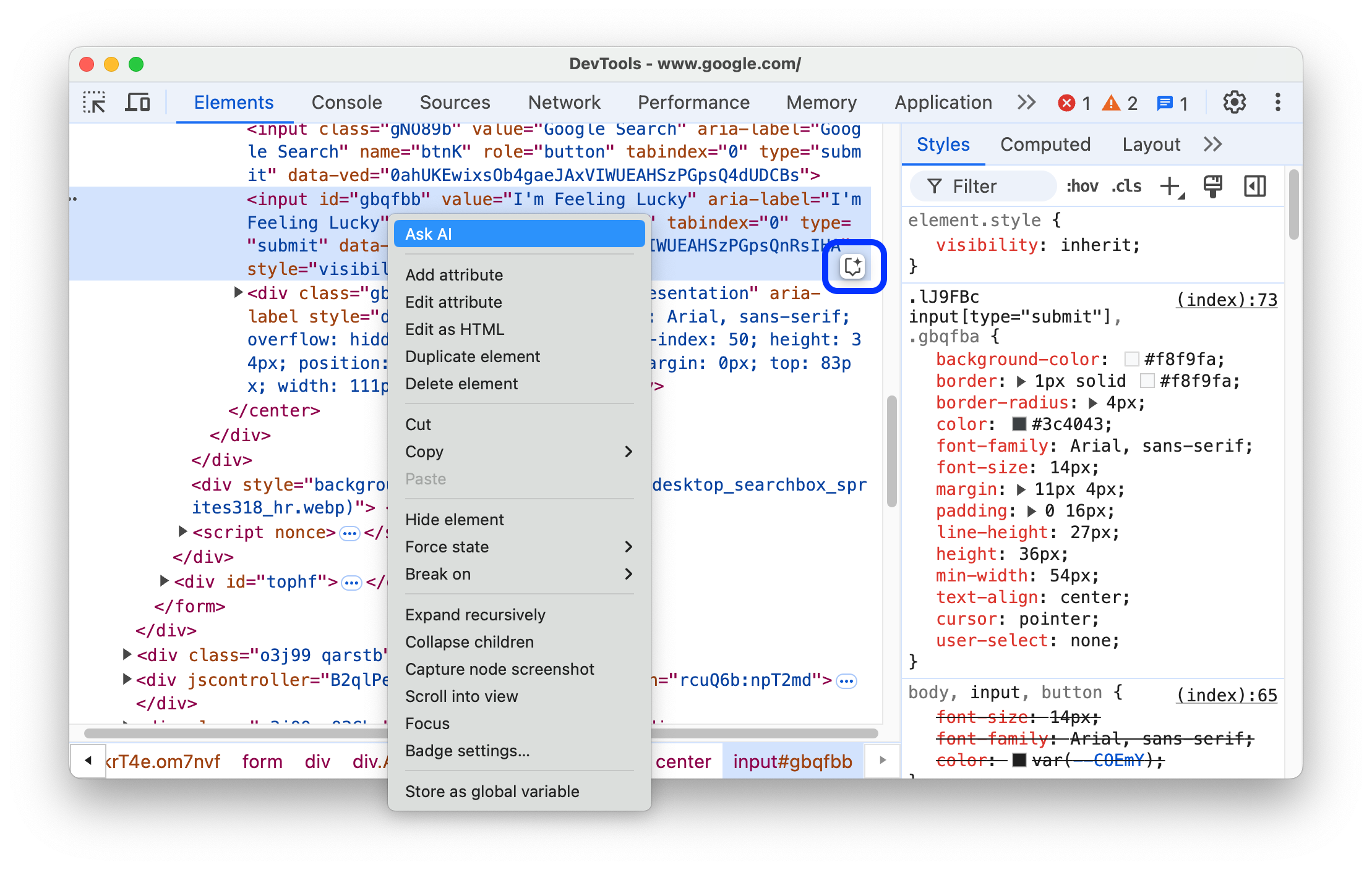 A opção de menu "Perguntar à IA" e o botão correspondente.