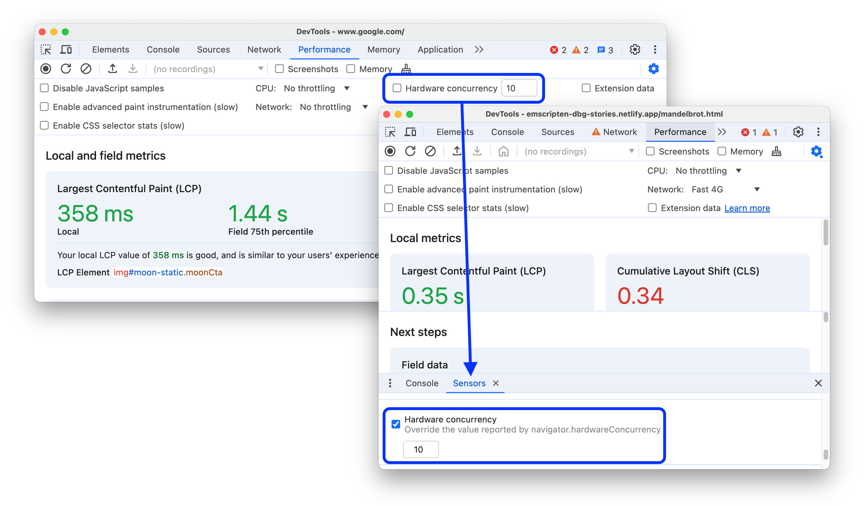 El antes y el después de mover la configuración “Simultaneidad de hardware” al panel Sensors.