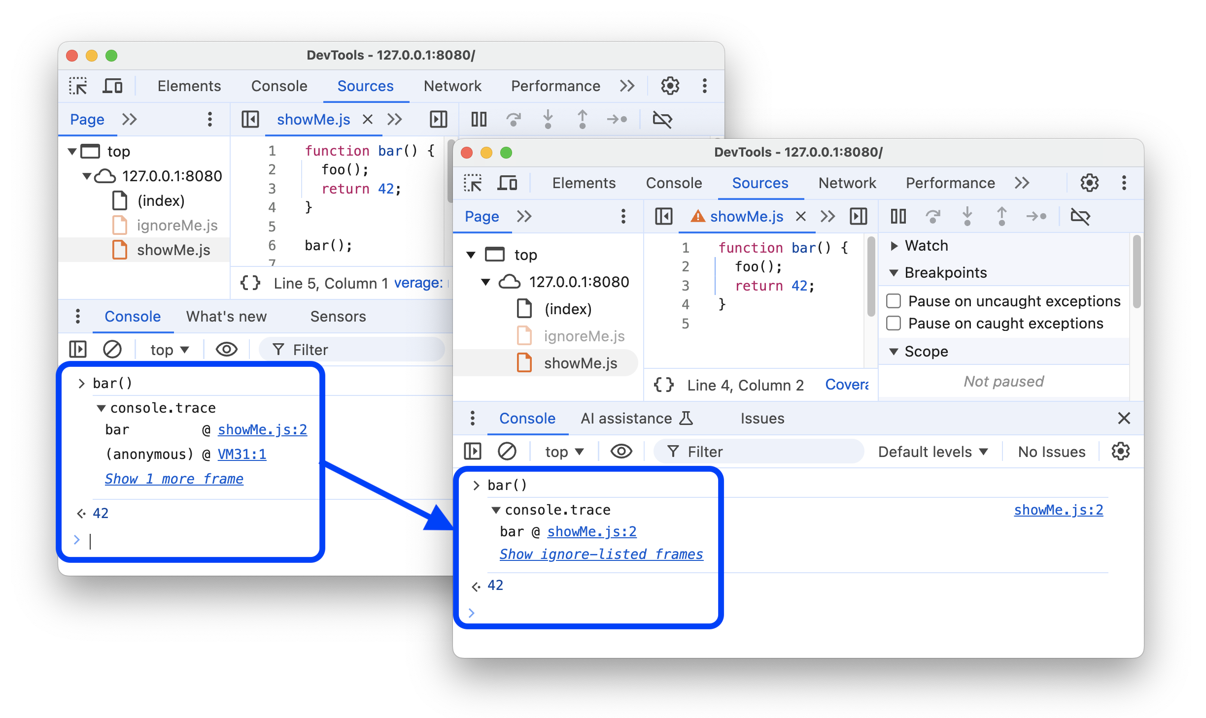 स्टैक ट्रेस में, अनदेखी की गई सूची को बेहतर बनाने से पहले और बाद में.