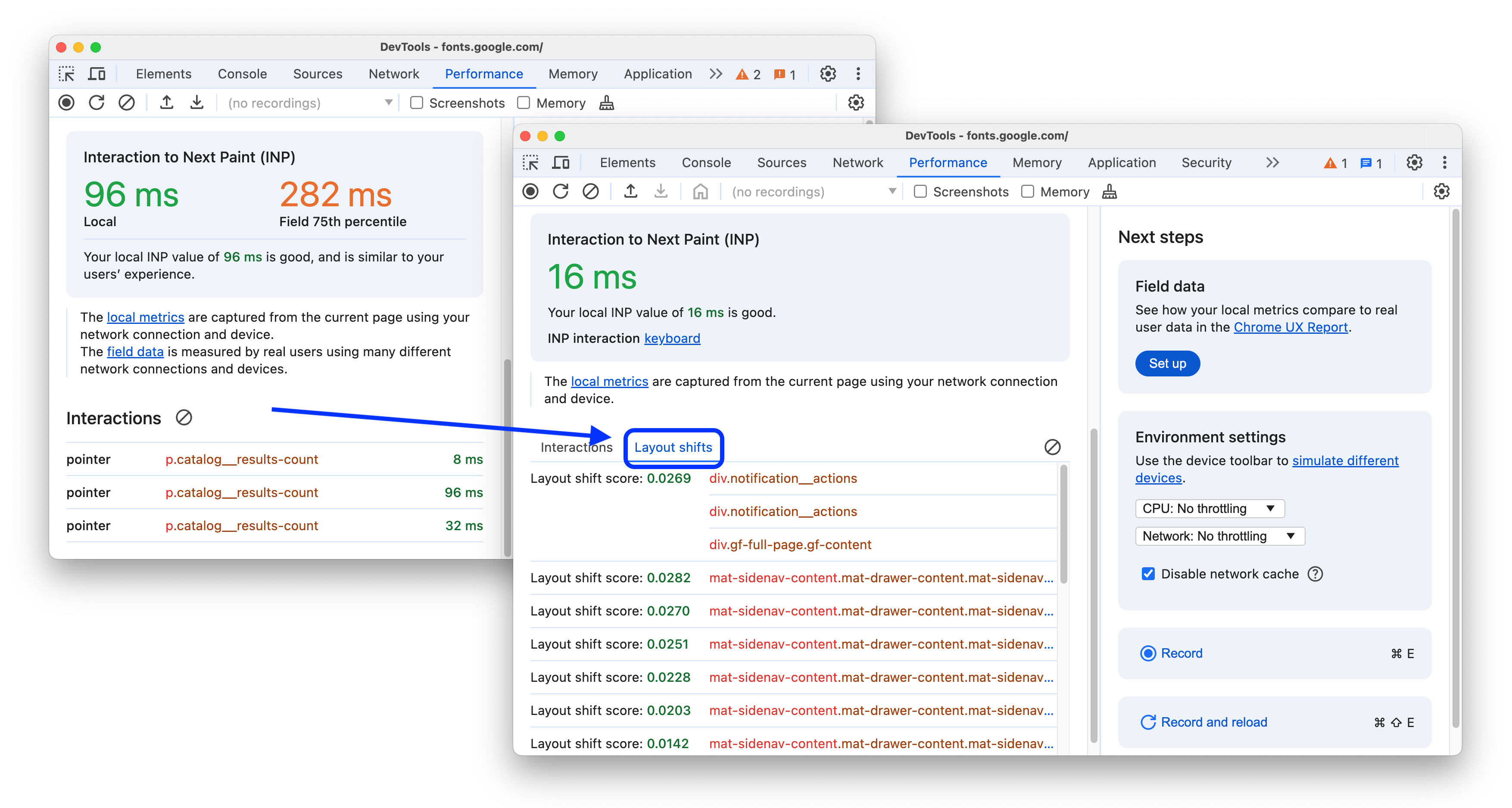 The before and after adding the 'Layout shifts' log to the live metrics view.