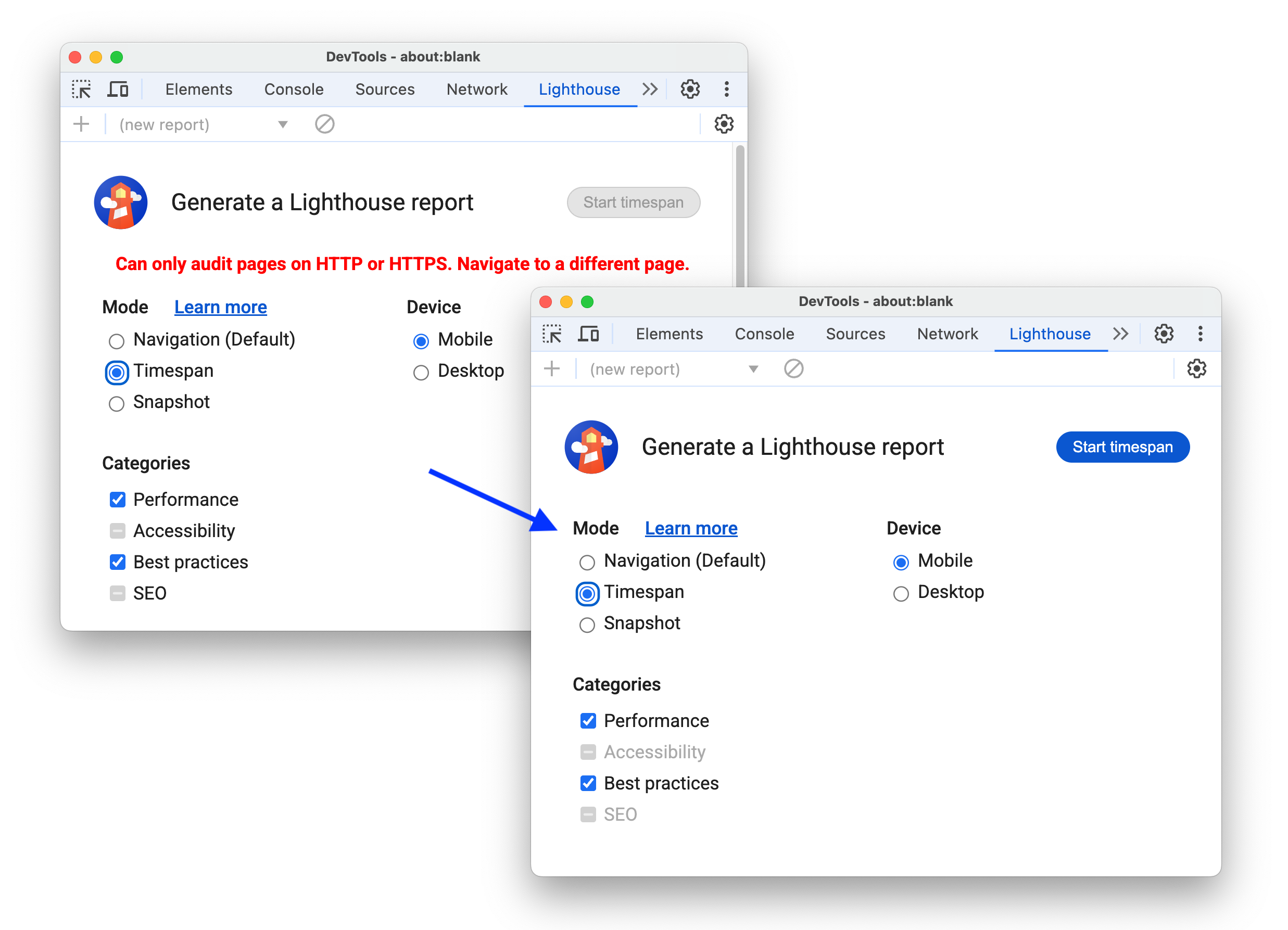 タイムスパン モードとスナップショット モードで、HTTP 以外のページの監査を有効にする前後の状態。