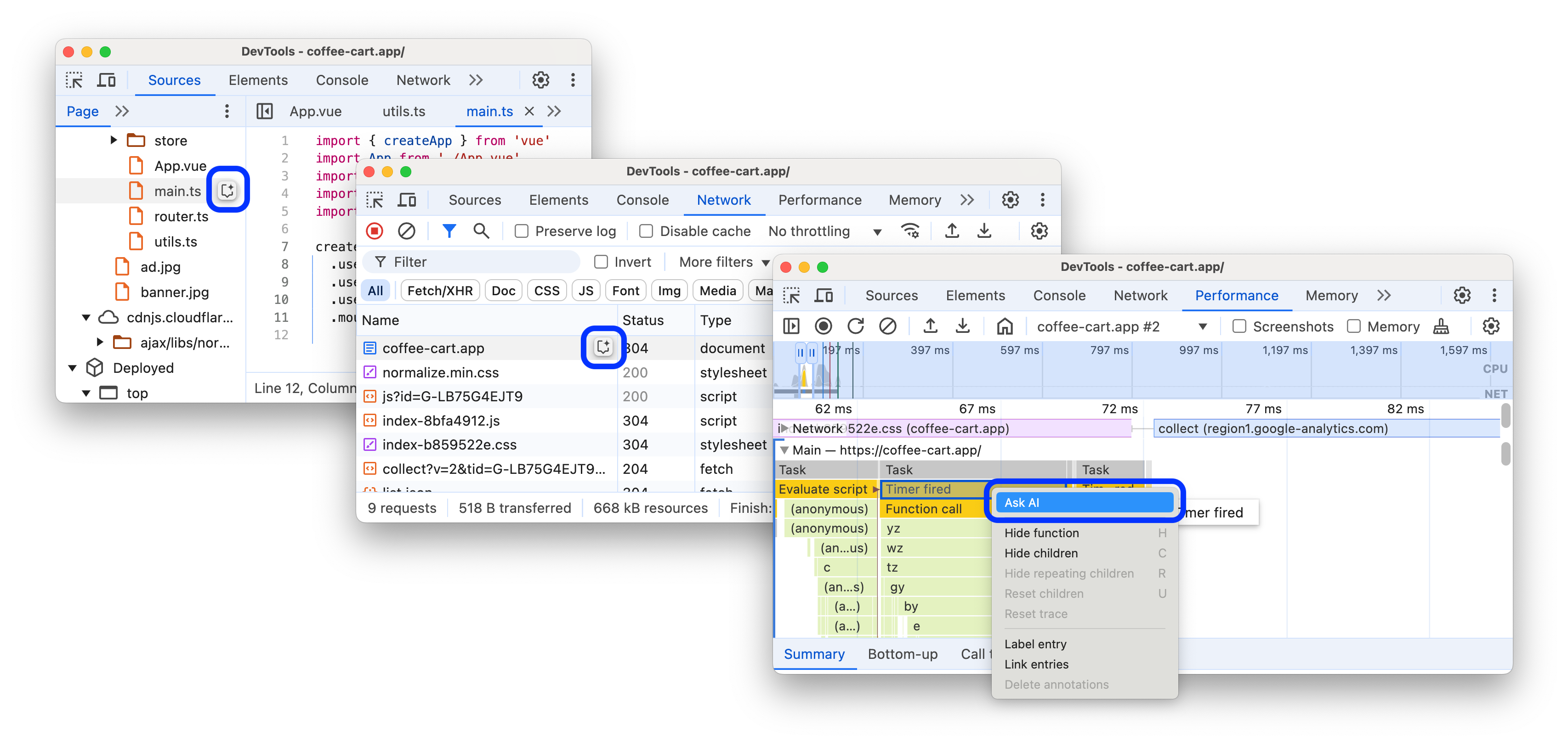 Boutons et option de menu Demander à l&#39;IA dans &quot;Réseau&quot;, &quot;Sources&quot; et &quot;Performances&quot;.