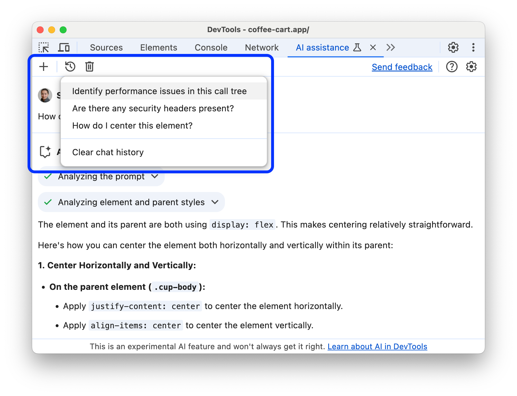 Der KI-Chatverlauf wird in einem Drop-down-Menü unter der Schaltfläche „Verlauf“ angezeigt.