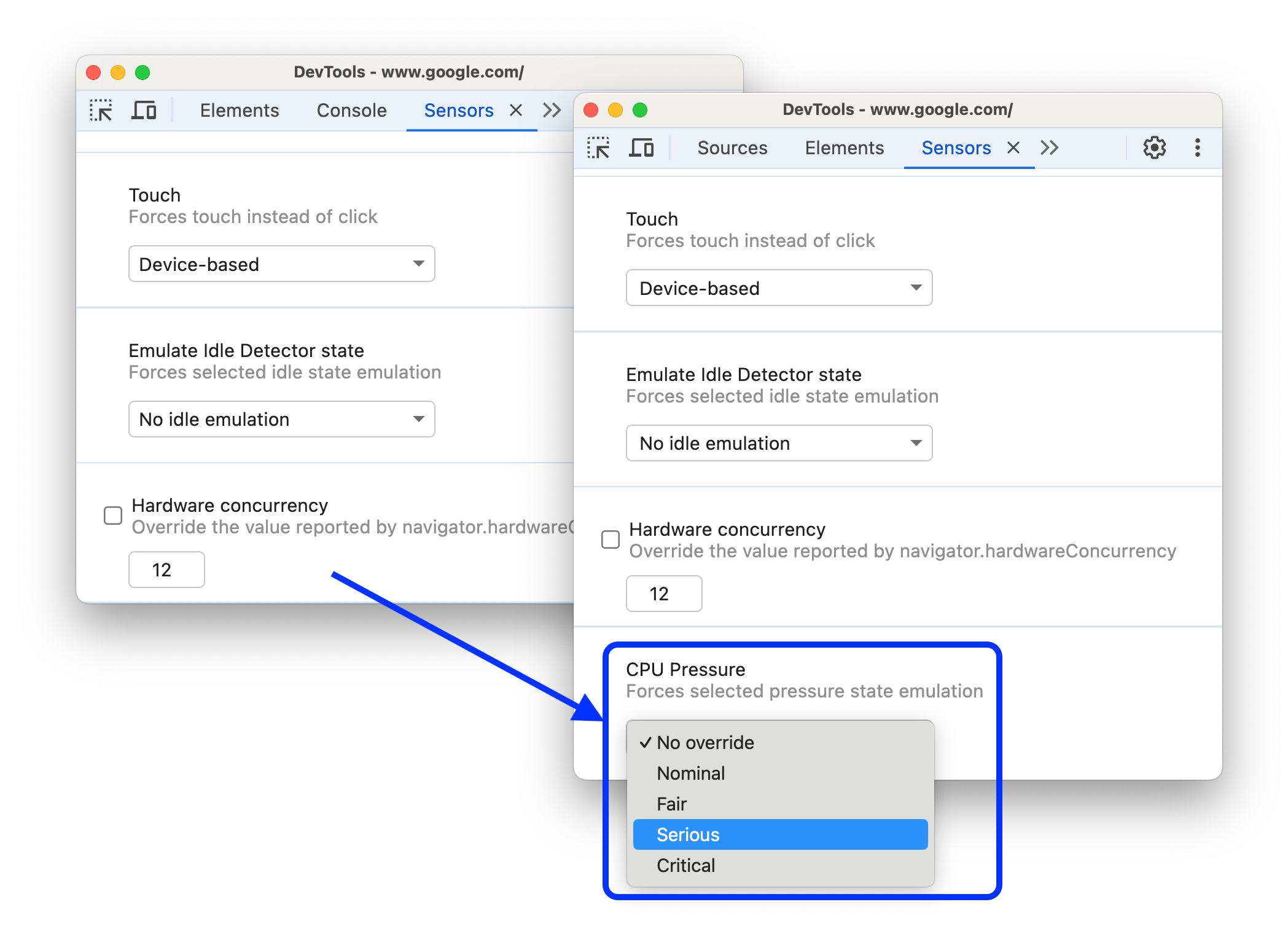 The before and after adding CPU pressure emulation option to the Sensors panel.