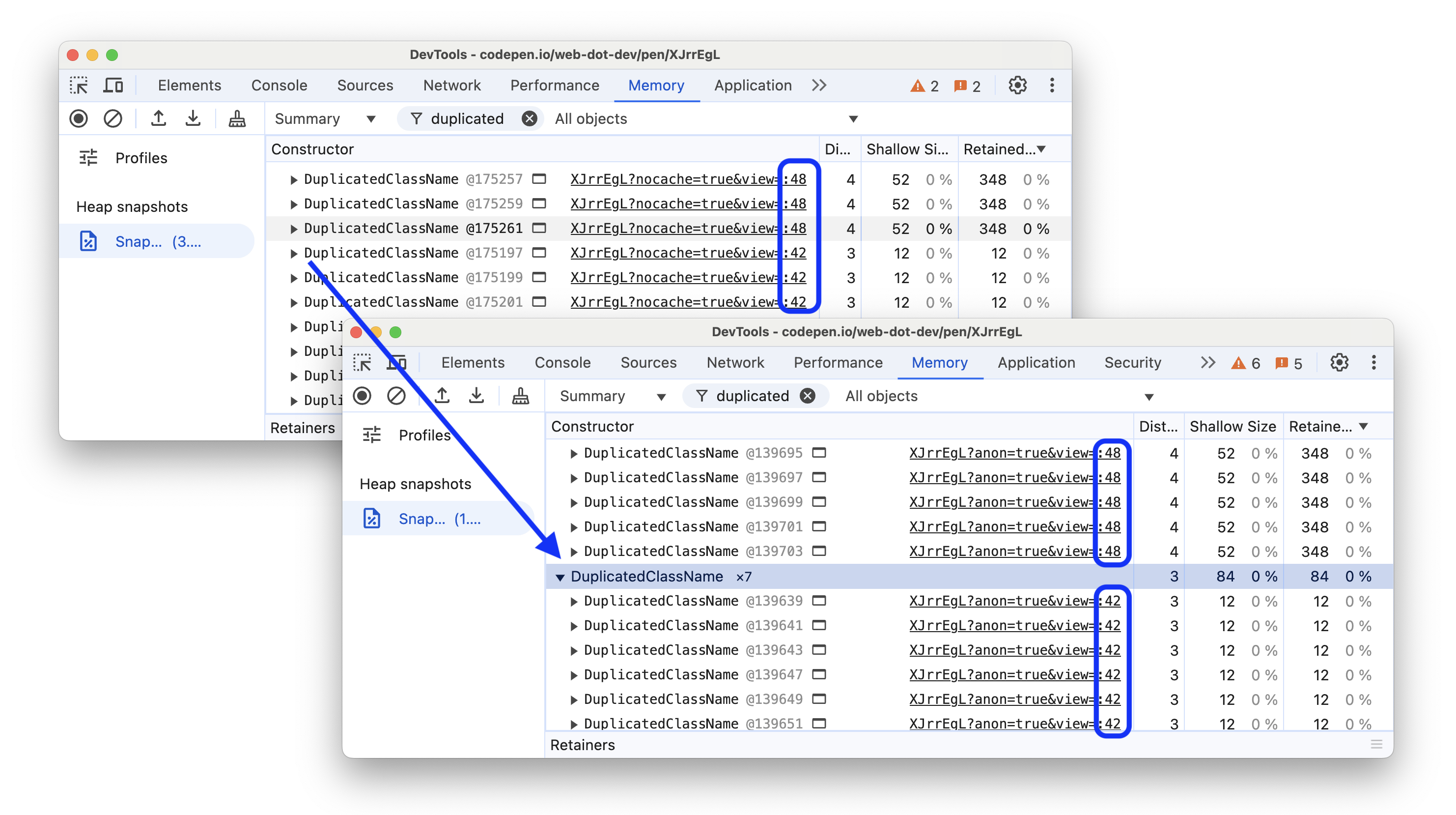 Avant et après le regroupement des objets JavaScript portant le même nom également par source.