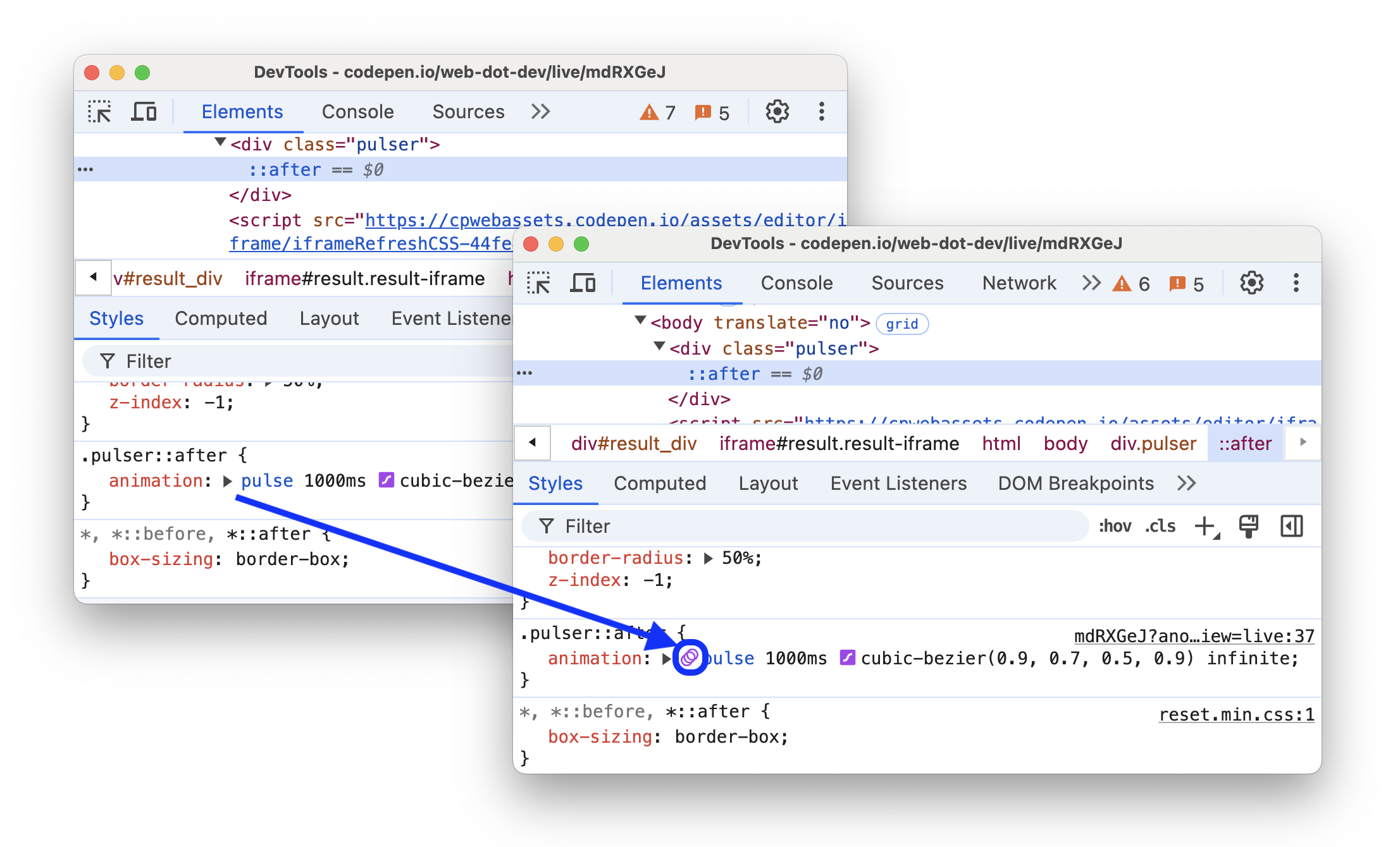 [スタイル] タブから [アニメーション] パネルにリンクを追加する前と後の状態。