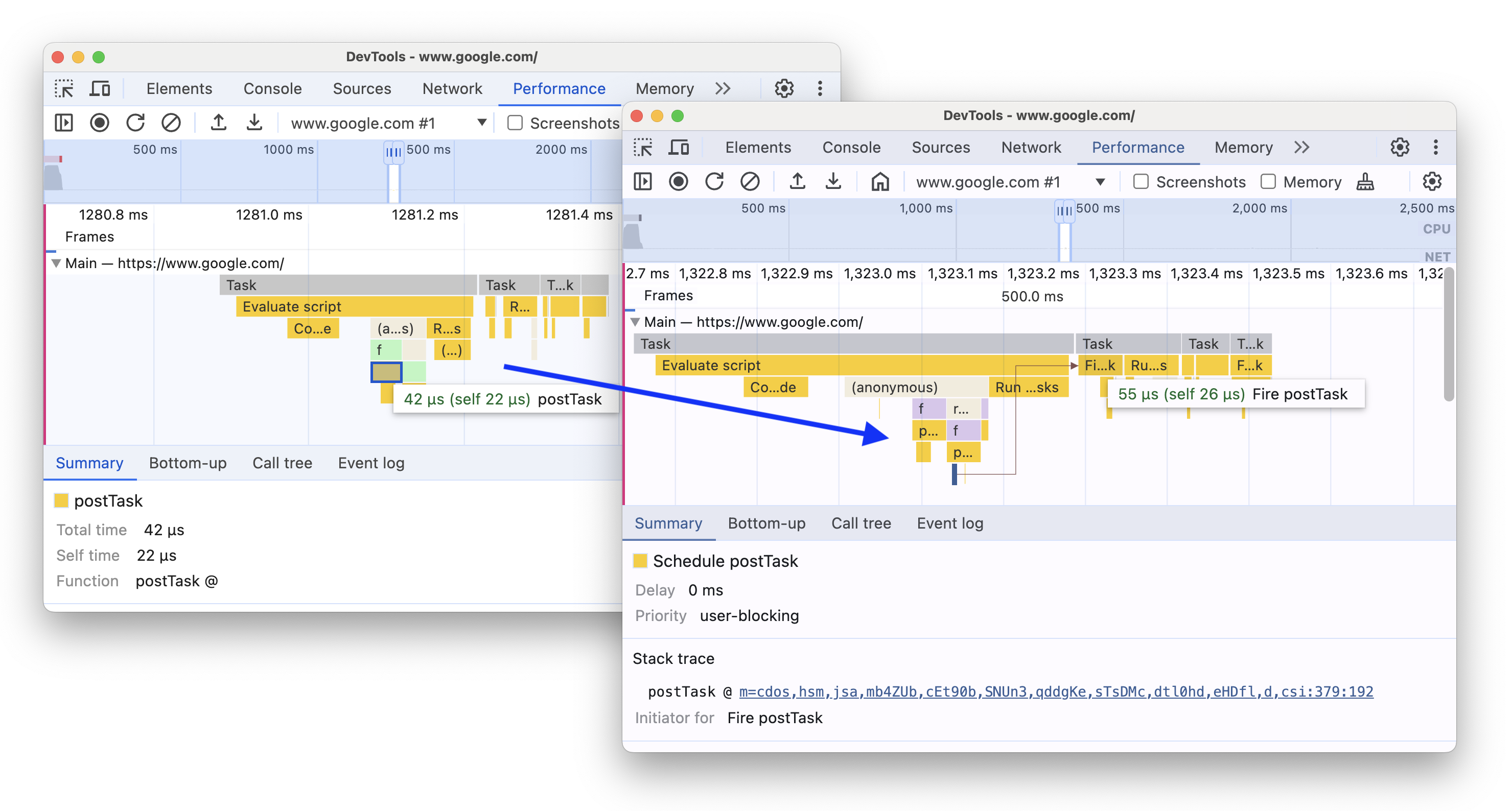 לפני ואחרי הוספת התמיכה באירועים מסוג scheduler.postTask ובחצים של הגורמים שהפעילו אותם.