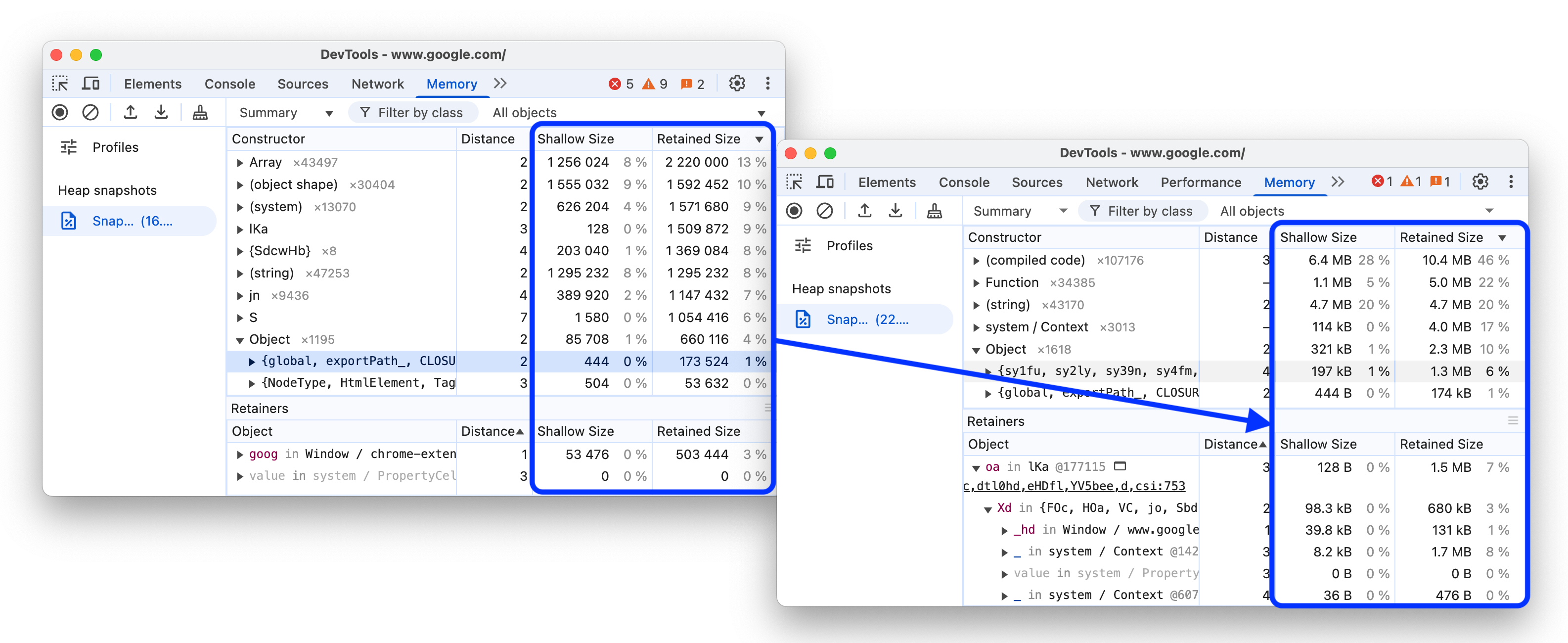 Antes e depois mostrando unidades de bytes.