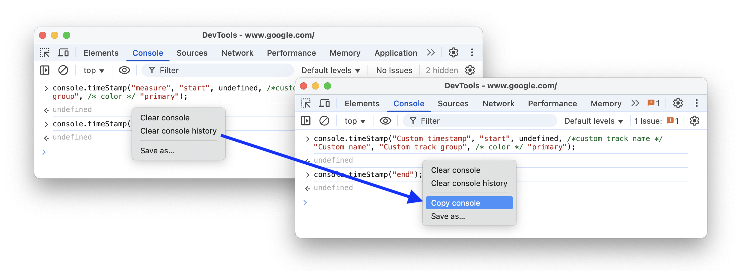 "Konsolu kopyala" seçeneği eklenmeden önce ve sonra