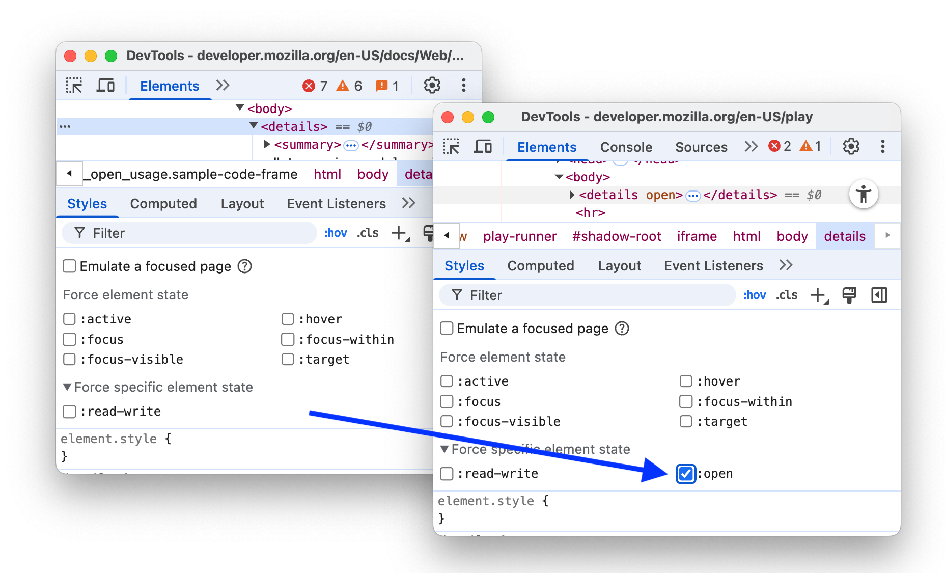 ":open" seçeneği eklenmeden önce ve sonra.