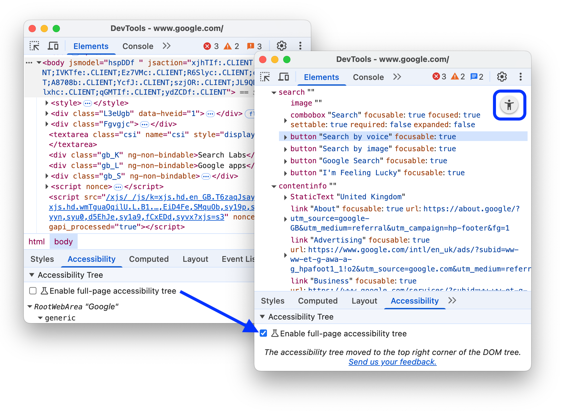 Prima e dopo l&#39;attivazione della visualizzazione ad albero dell&#39;accessibilità a pagina intera per impostazione predefinita .